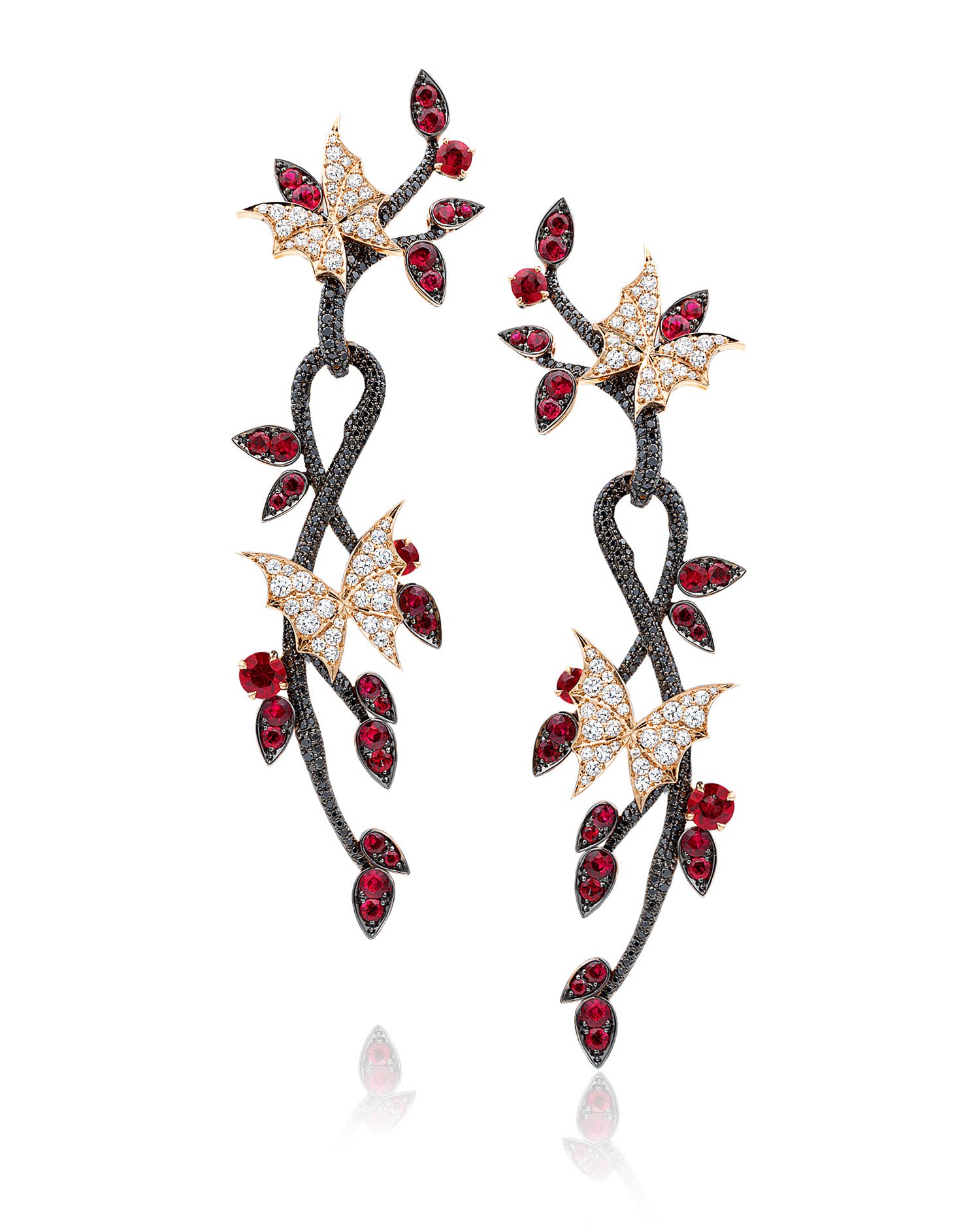 Fly by Night Forest Earrings with Pave Ruby, Black and White Diamonds in 18kt Rose Gold