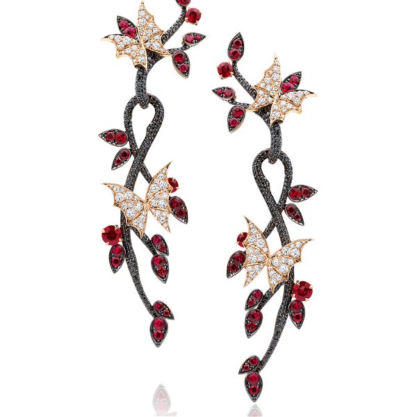Closeup photo of Fly by Night Forest Earrings with Pave Ruby, Black and White Diamonds in 18kt Rose Gold