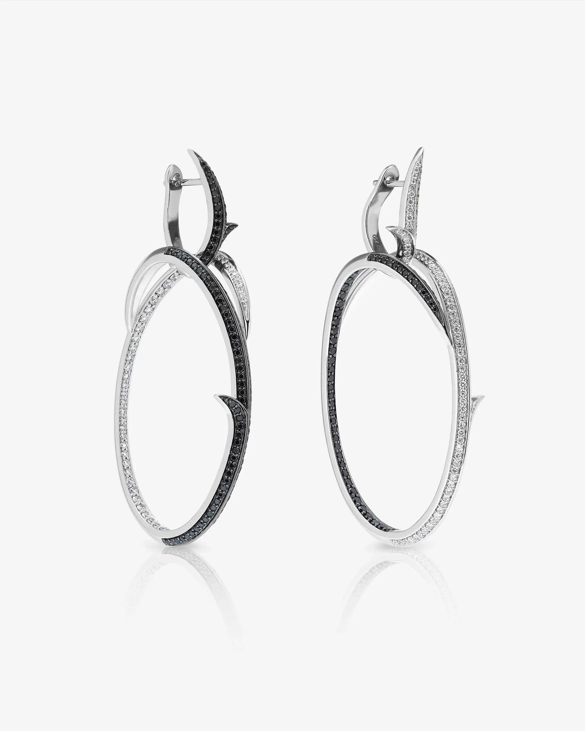 Thorn Embrace Infinity Hoop Earrings with Black and White Diamonds in 18kt White Gold