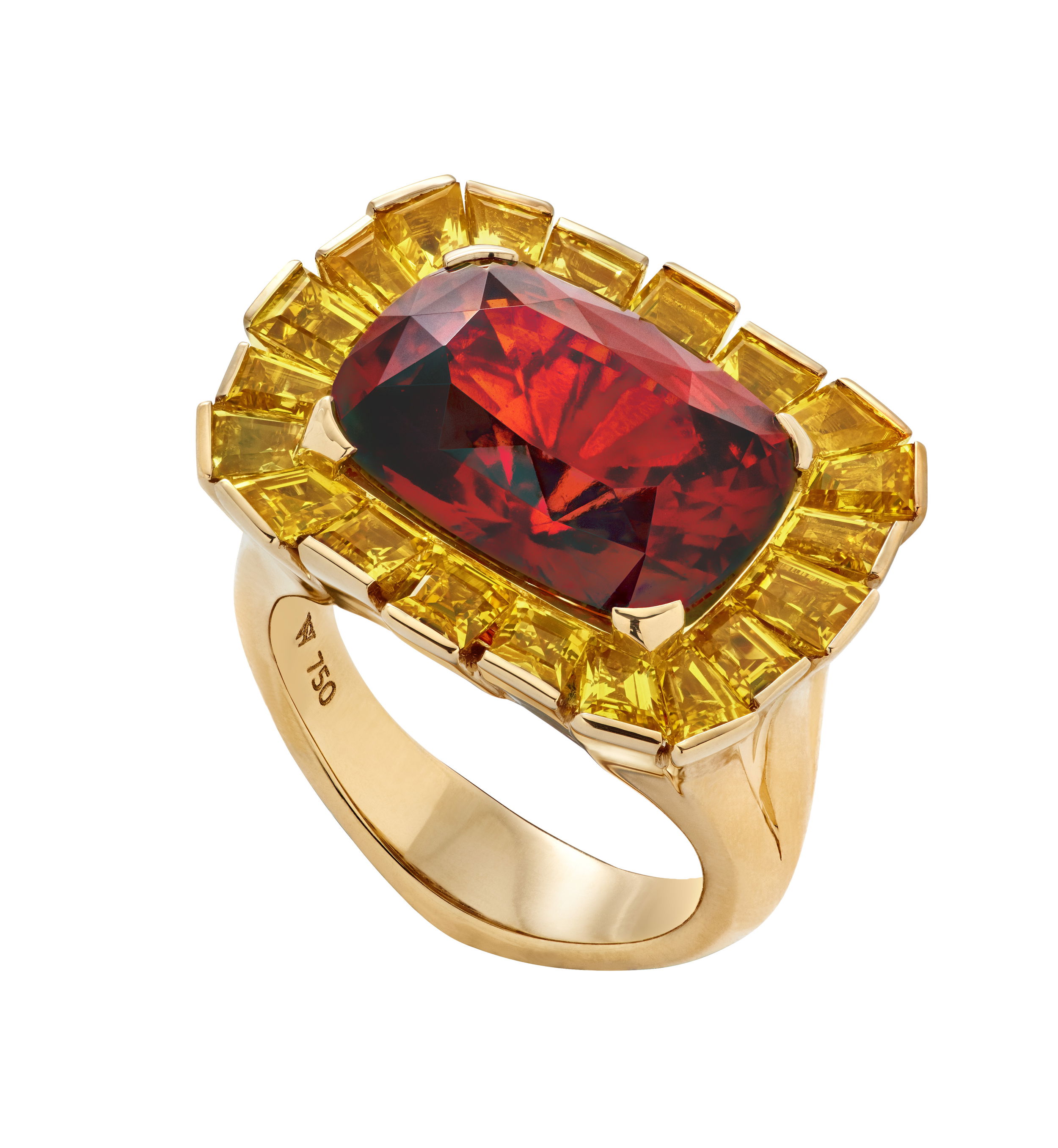 No Regrets Red Skyline Cocktail Ring with Garnet and Yellow Sapphires in 18kt Yellow Gold - Size 7 by Stephen Webster. Cocktail ring in 18kt yellow gold featuring a center cushion cut red orange garnet at 12.00ct and surrounded by yellow sapphire baguettes at 3.95ctw. No Regrets Red Skyline Cocktail Ring with Garnet and Yellow Sapphires in 18kt Yellow Gold - Size 7