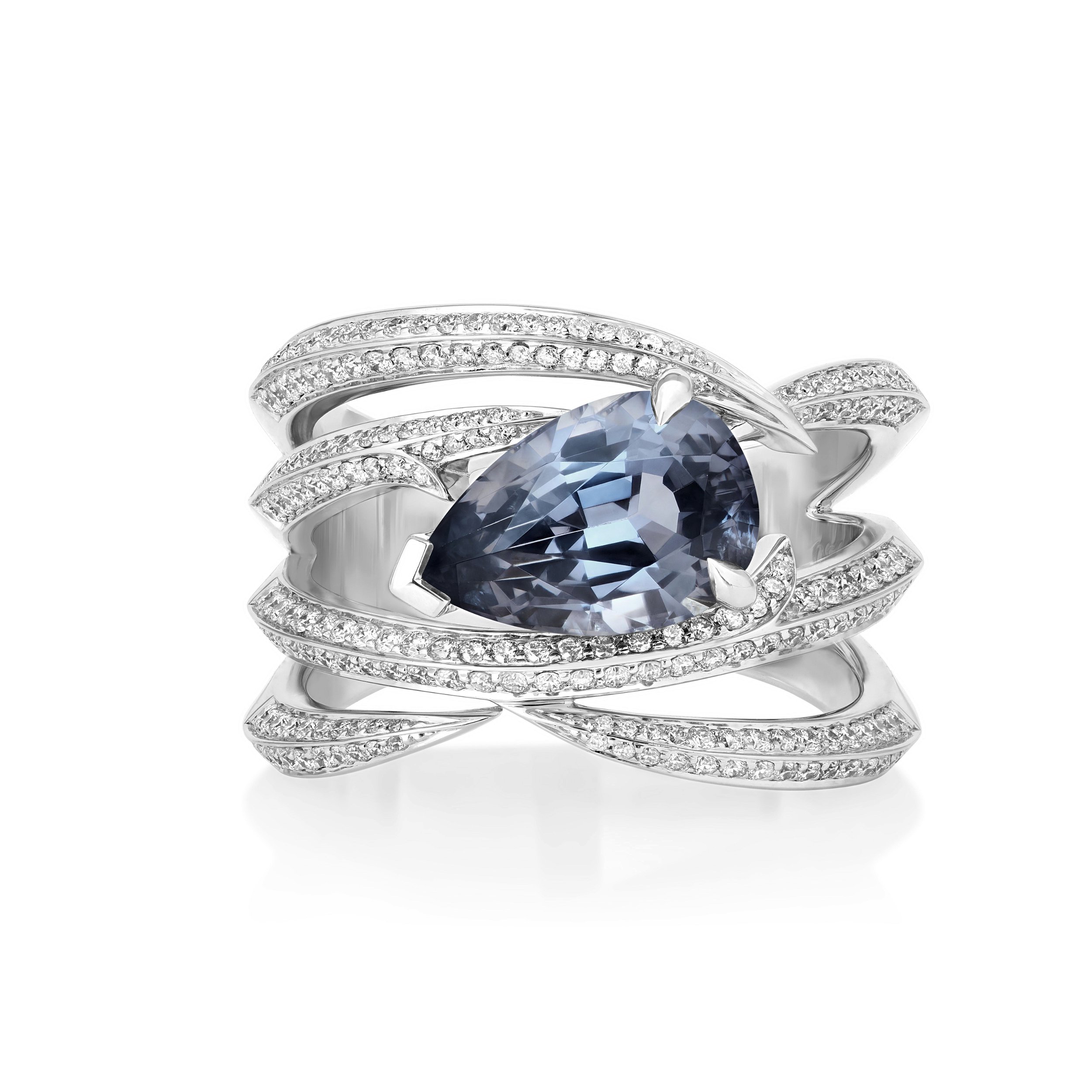 Thorn Embrace Entangled Band Ring with Grey Spinel and White Diamonds in 18kt White Gold - Size 7