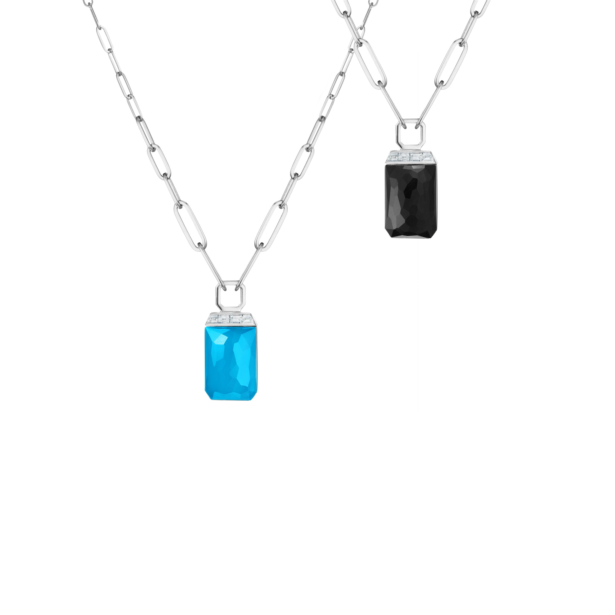 CH2 Tablet Twister Pendant Necklace with Turquoise and Falcons Eye in 18kt White Gold - 18"