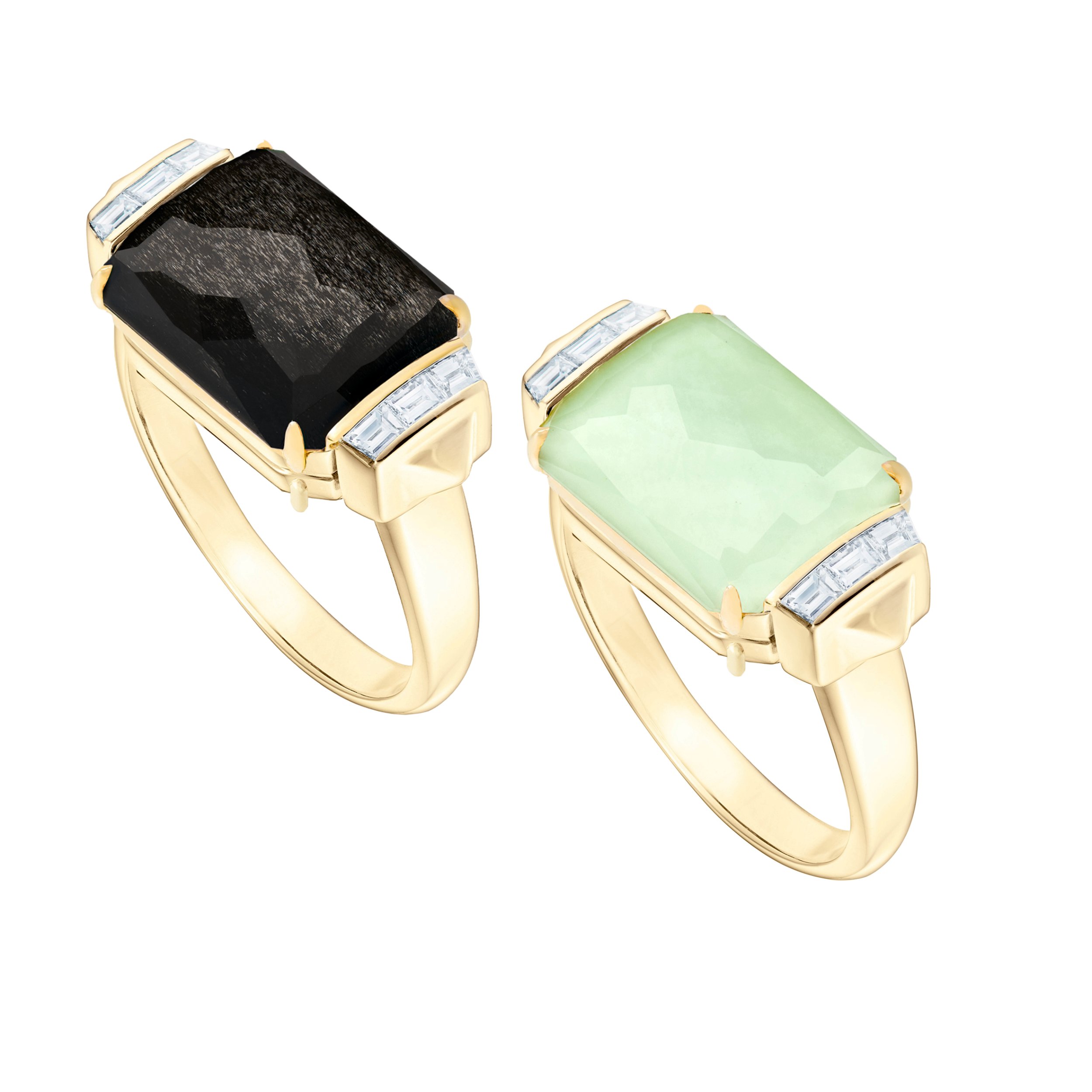 CH2 Tablet Twister Slim Ring with Chrysolemon, Silver Obsidian and White Diamonds in 18kt Yellow Gold - Size 7