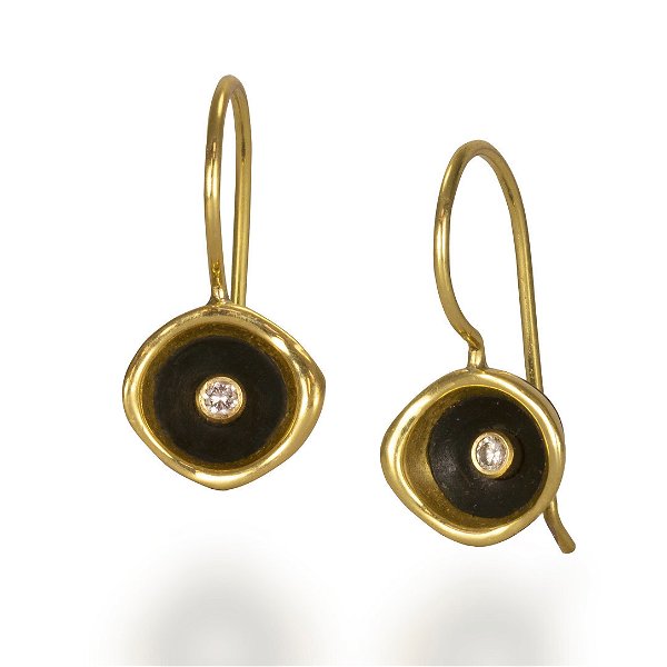 Closeup photo of Confluence Small Cup Drop Earrings with White Diamonds in 18kt Yellow Gold and Black Chrome