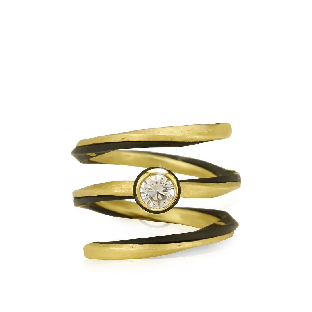 Eclipse Spiral Band Ring with White Diamond in 18kt Yellow Gold and Black Cobalt Chrome