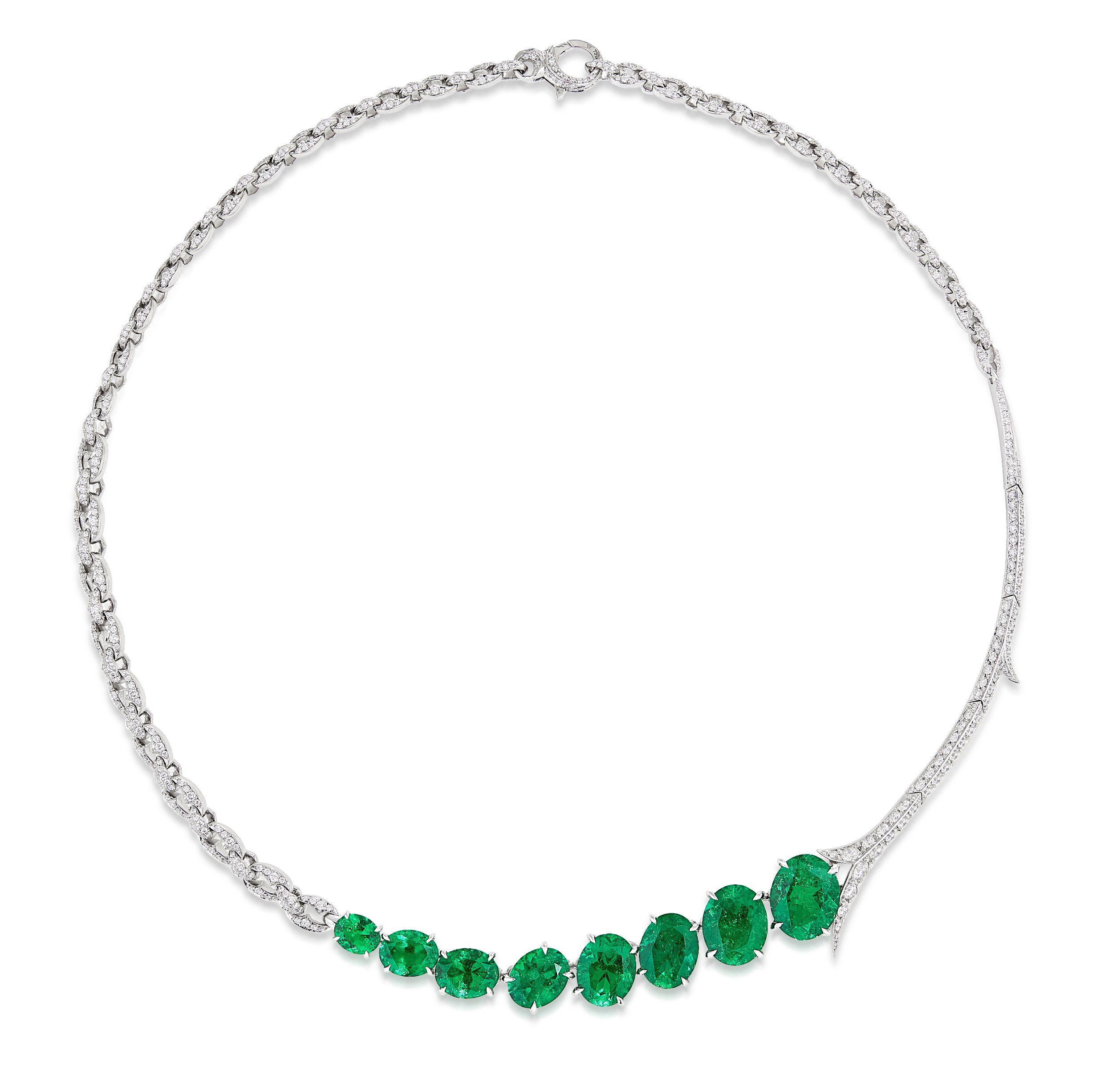 Thorn Embrace Forbidden Fruit Collar Necklace with Muzo Emeralds and White Diamonds in 18kt White Gold