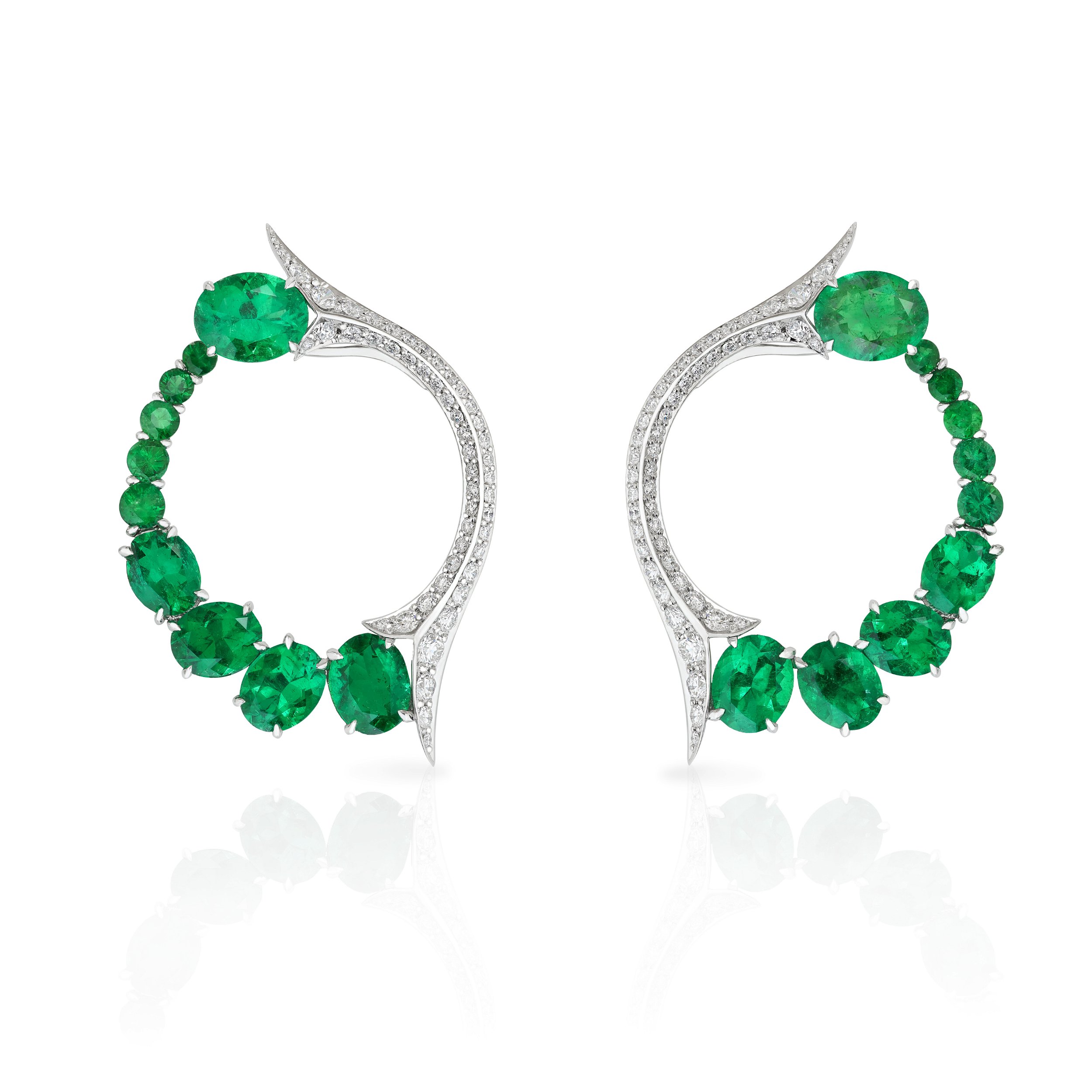 Thorn Embrace Forbidden Fruit Hoop Earrings with Emeralds and White Diamonds in 18kt White Gold