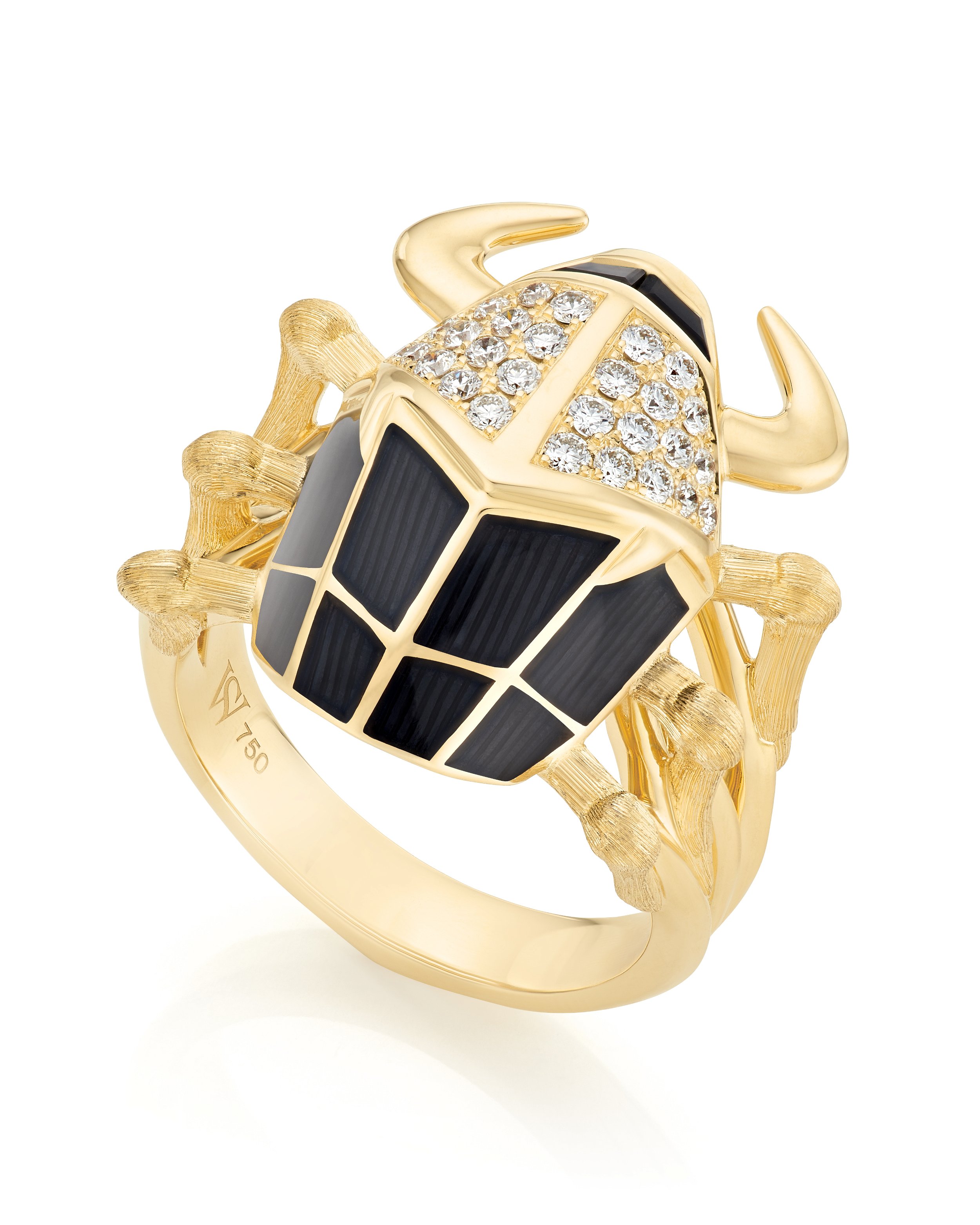 No Regrets Jitterbug Toro Beetle Enamel Ring with White Diamonds, Black Onyx and Enamel in 18kt Yellow Gold - Size 10