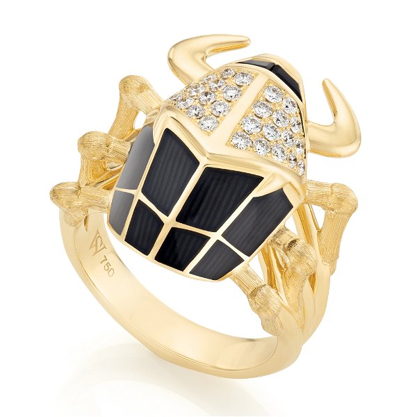 Closeup photo of No Regrets Jitterbug Toro Beetle Enamel Ring with White Diamonds, Black Onyx and Enamel in 18kt Yellow Gold - Size 10