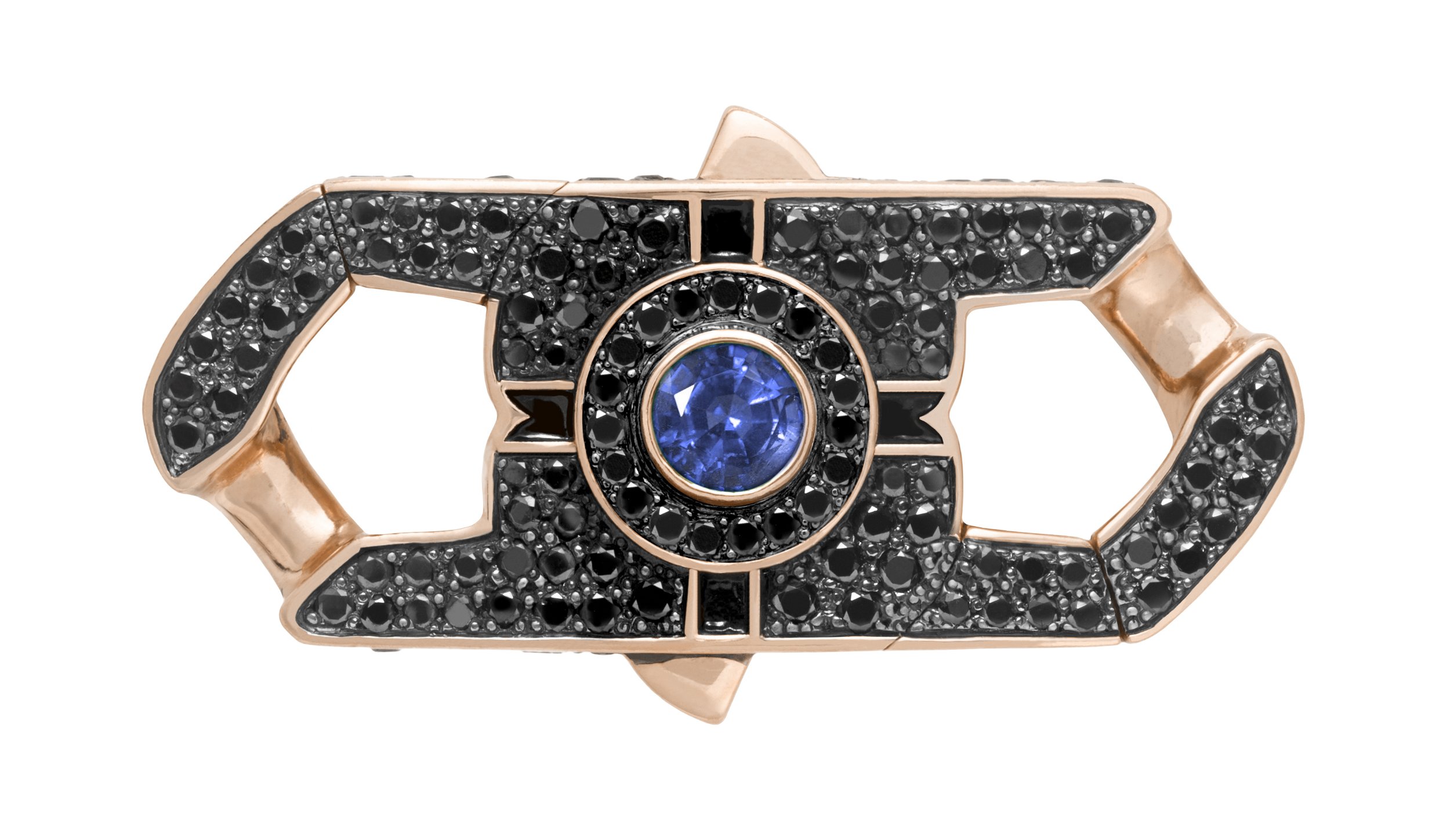England Made Me Revolutionary Bracelet Clasp with Enamel, Black Mother of Pearl, Blue Sapphire and Black Diamonds in 18kt Rose Gold - 18mm