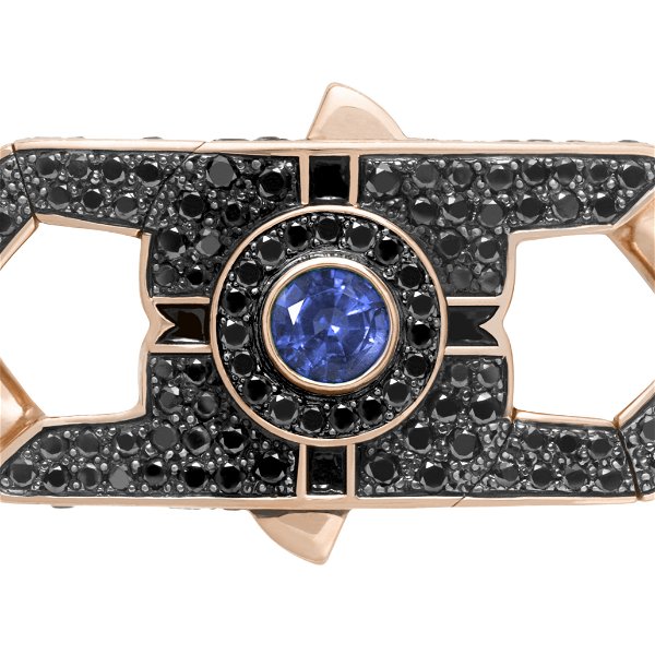 Closeup photo of England Made Me Revolutionary Bracelet Clasp with Enamel, Black Mother of Pearl, Blue Sapphire and Black Diamonds in 18kt Rose Gold - 18mm