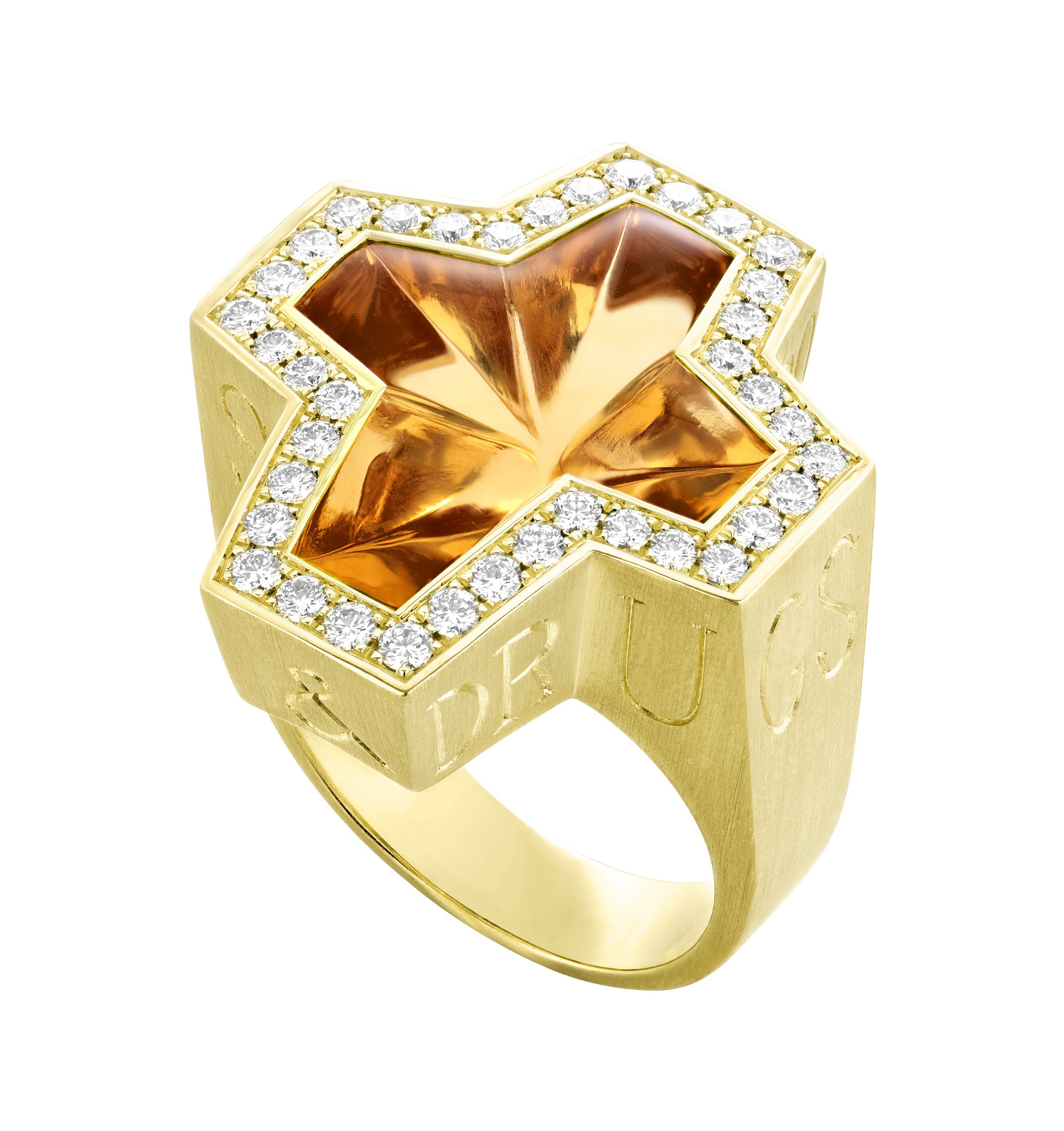 Thorn Sex Drugs & Rock "N" Roll Ring with Citrine and White Diamonds in 18kt Yellow Gold - Size 10