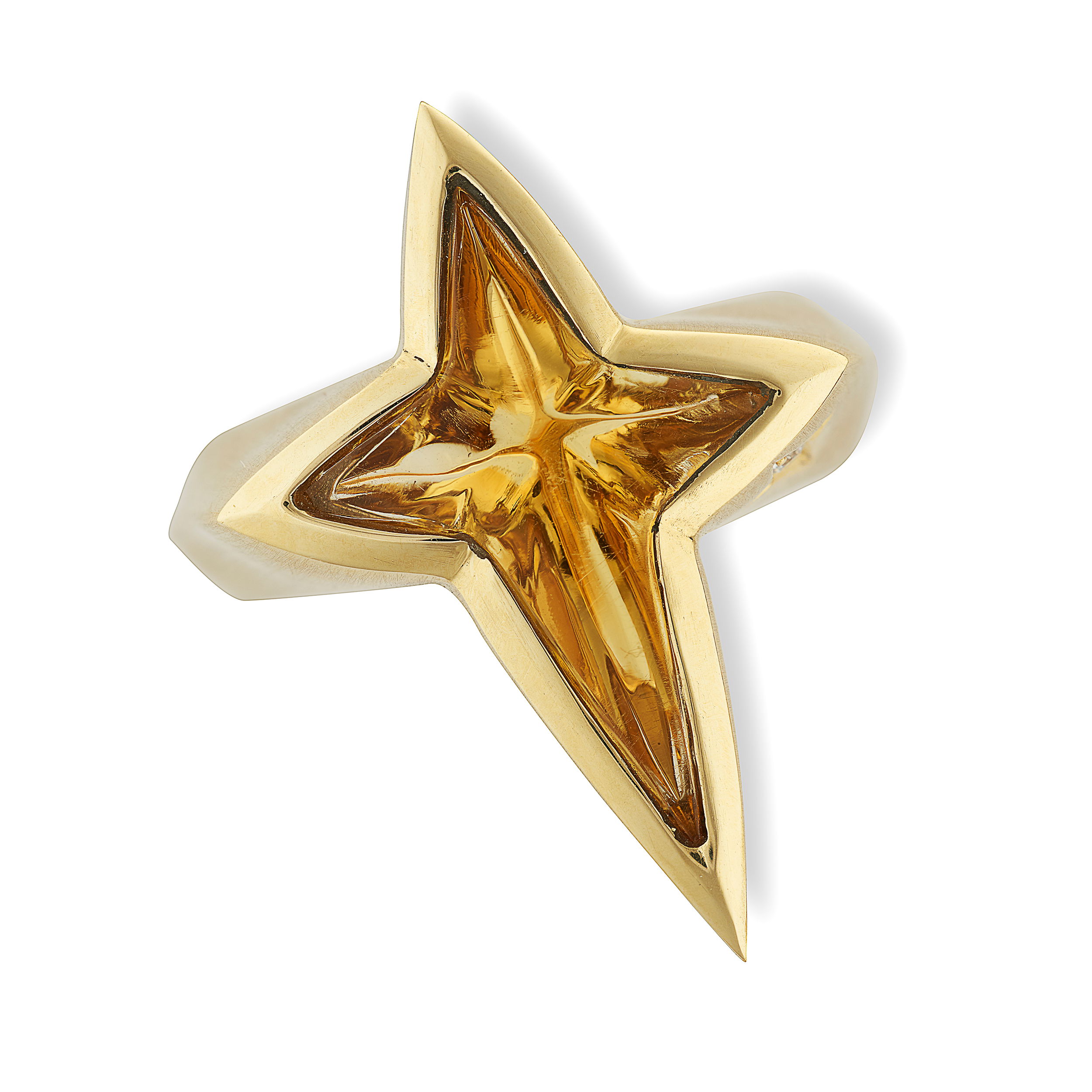 Thames T-Star Ring - 14K yellow gold ring, set with a solitaire white diamond 0.02ct and a central citrine stone 28 x 20 5.55ct. Thames T-Star Ring with Citrine and White Diamond in 14kt Yellow Gold - Size 10.5