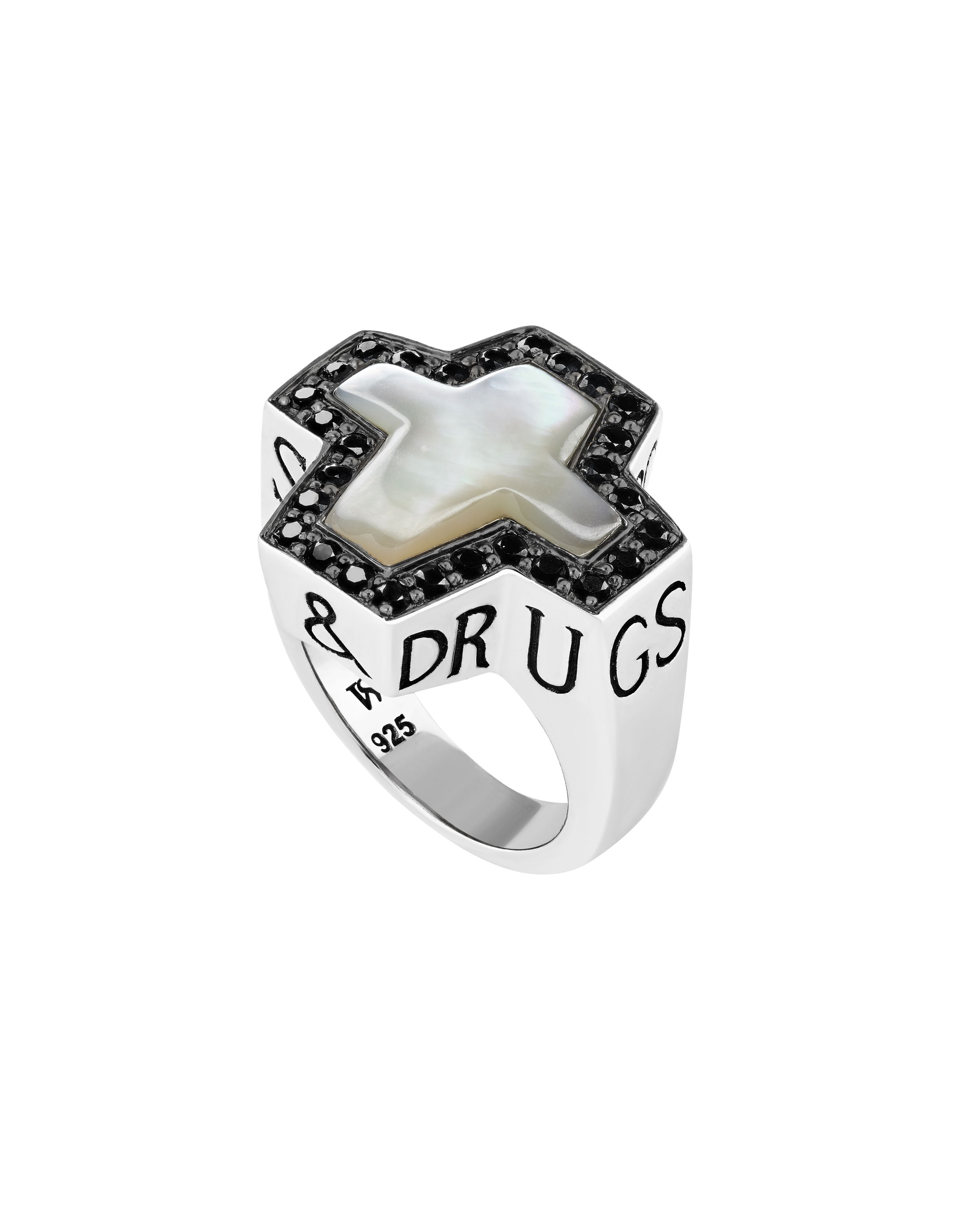 Thorn Sex Drugs And Rock 'N' Roll Ring - silver 925, white mother of pearl 12.15ct and black sapphire pav? 1.2ct Thorn Sex Drugs & Rock "N" Roll Ring with White Mother of Pearl and Black Sapphire in Sterling Silver