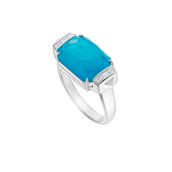 Closeup photo of CH2 Tablet Twister Slim Ring with Turquoise, Falcons Eye and White Diamonds in 18kt White Gold - Size 8