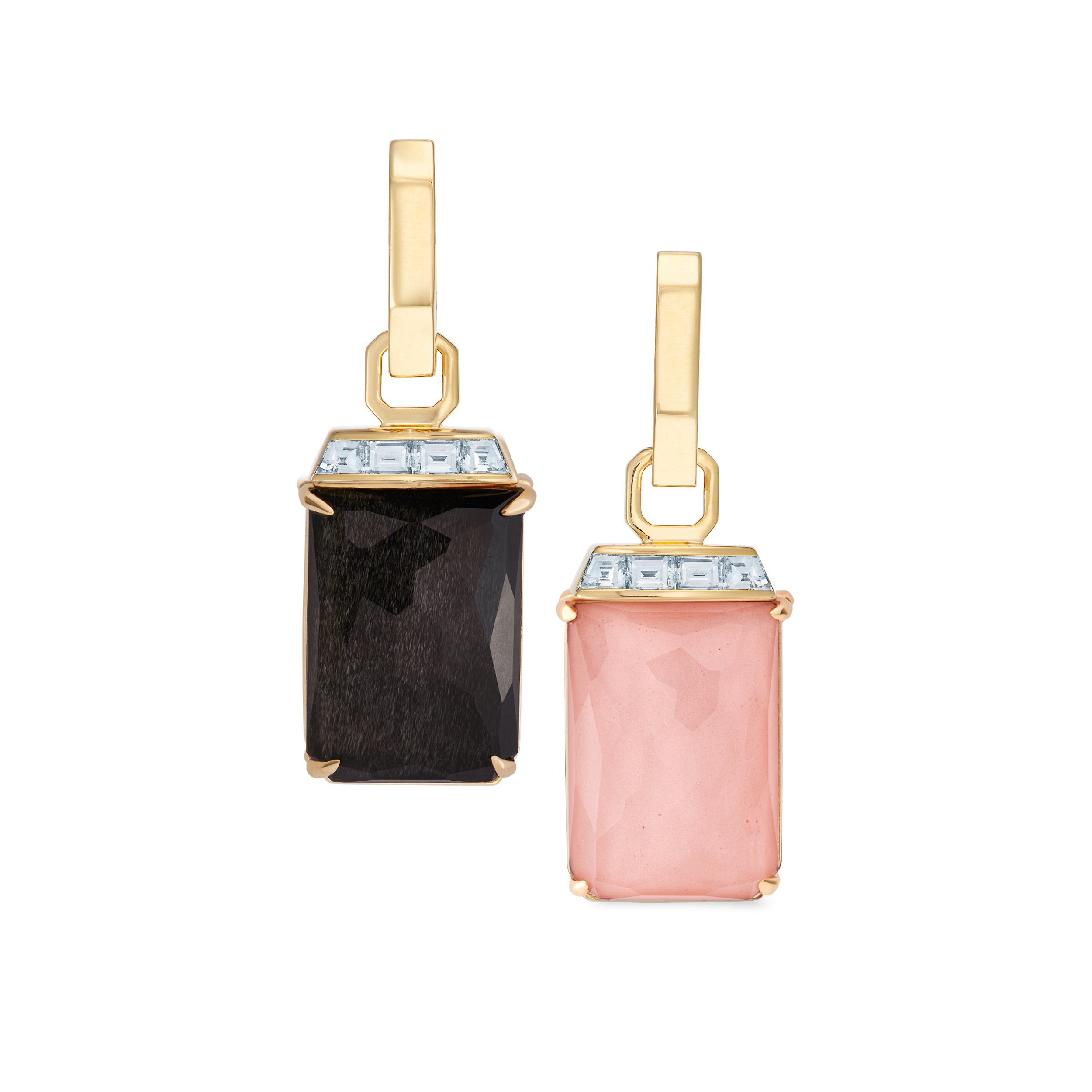 CH2 Tablet Twister Large Earrings with Silver Obsidian, Peach Quartz and White diamonds in 18kt Yellow Gold