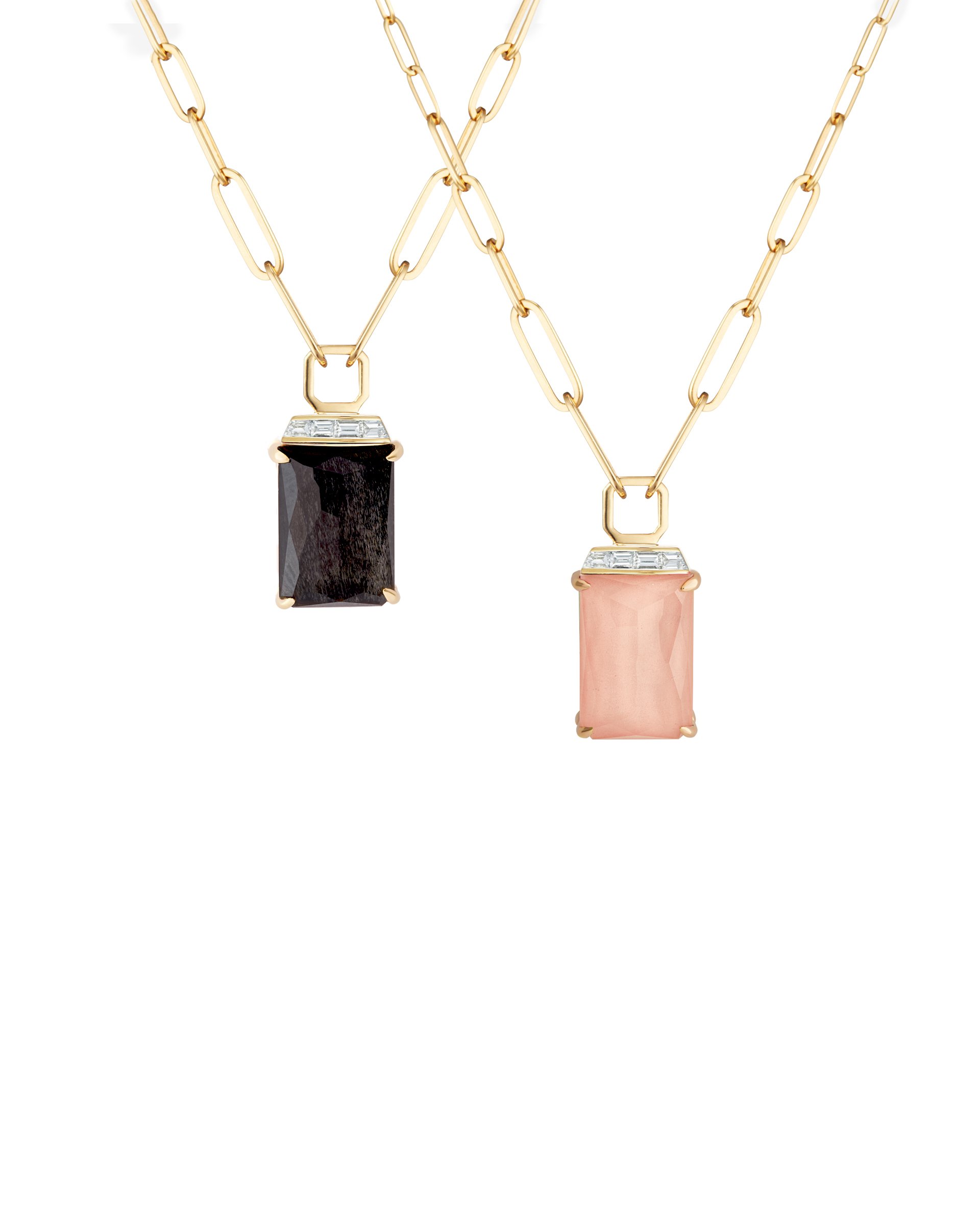 CH2 Tablet Twister Pendant Necklace with Silver Obsidian and Peach Quartz in 18kt Yellow Gold - 18"