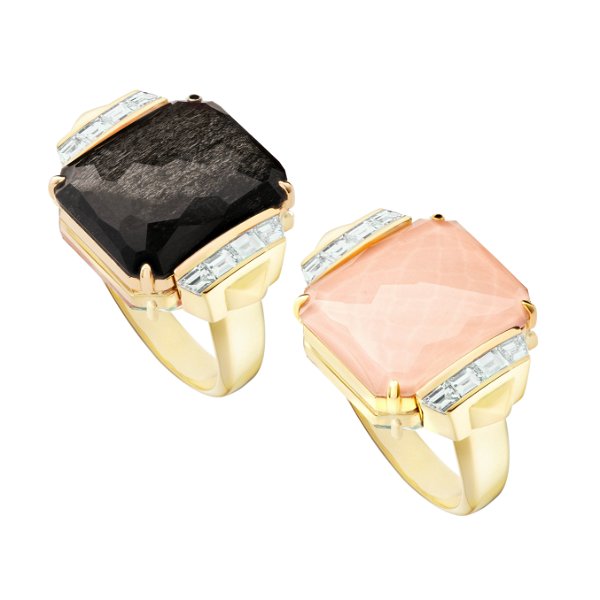 Closeup photo of CH2 Tablet Twister Wide Ring with Silver Obsidian, Peach Quartz and White Diamonds in 18kt Yellow Gold - Size 7