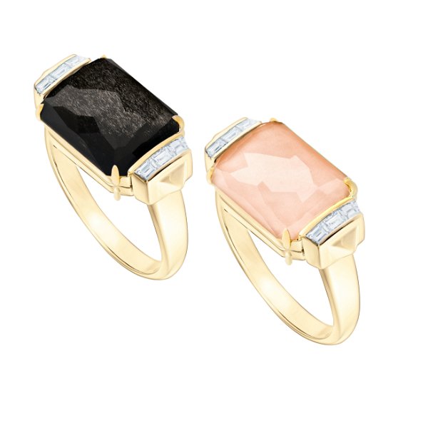 Closeup photo of CH2 Tablet Twister Slim Ring with Silver Obsidian, Peach Quartz and White Diamonds in 18kt Yellow Gold - Size 7