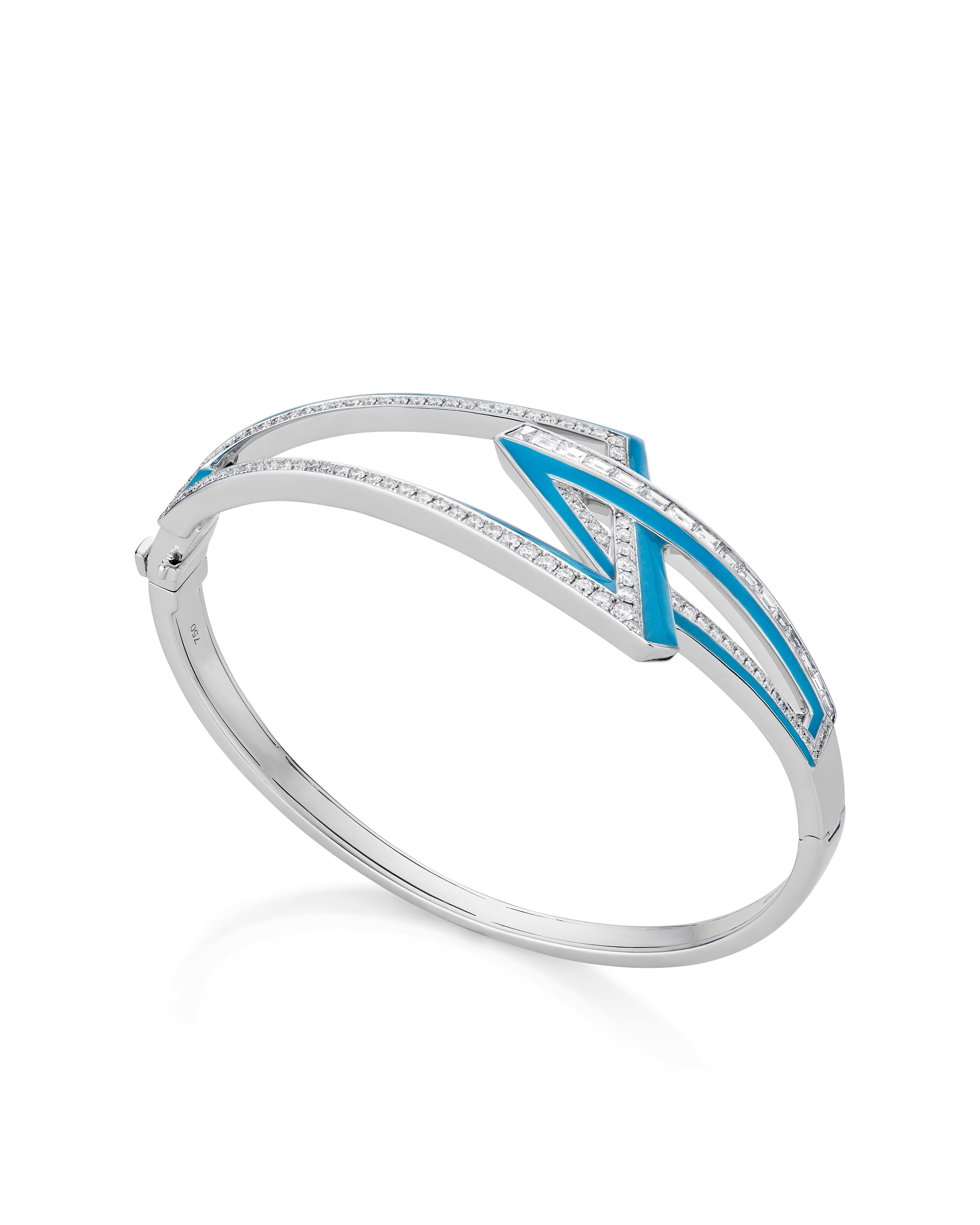 Vertigo Obtuse Bracelet with White Diamonds and Light Blue Enamel in 18kt White Gold