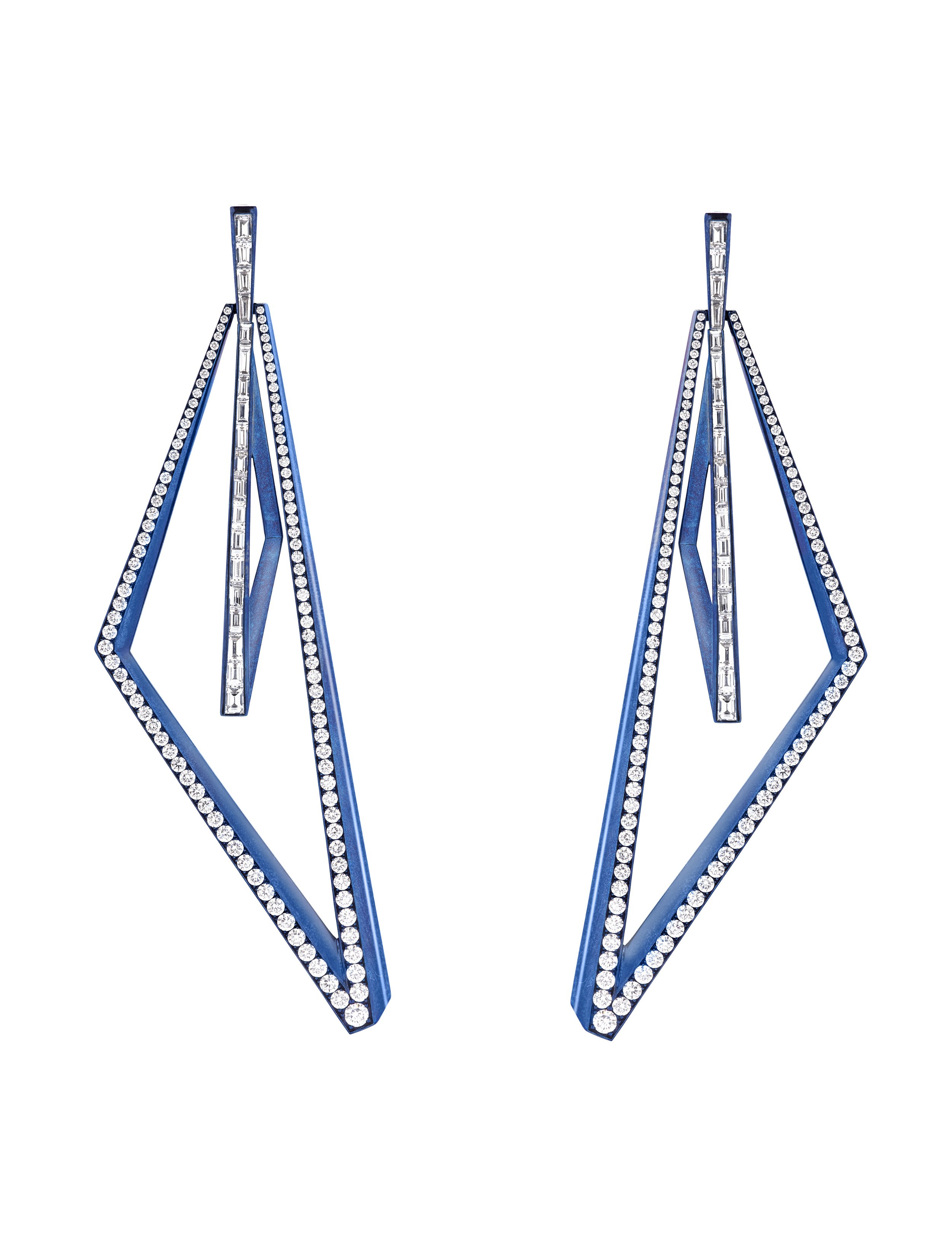 Vertigo Very Obtuse Hoop Earrings with White Diamonds in Blue Titanium