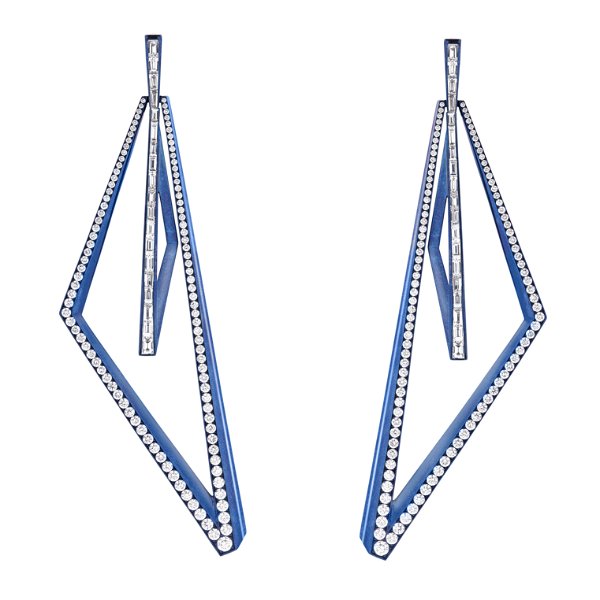Closeup photo of Vertigo Very Obtuse Hoop Earrings with White Diamonds in Blue Titanium