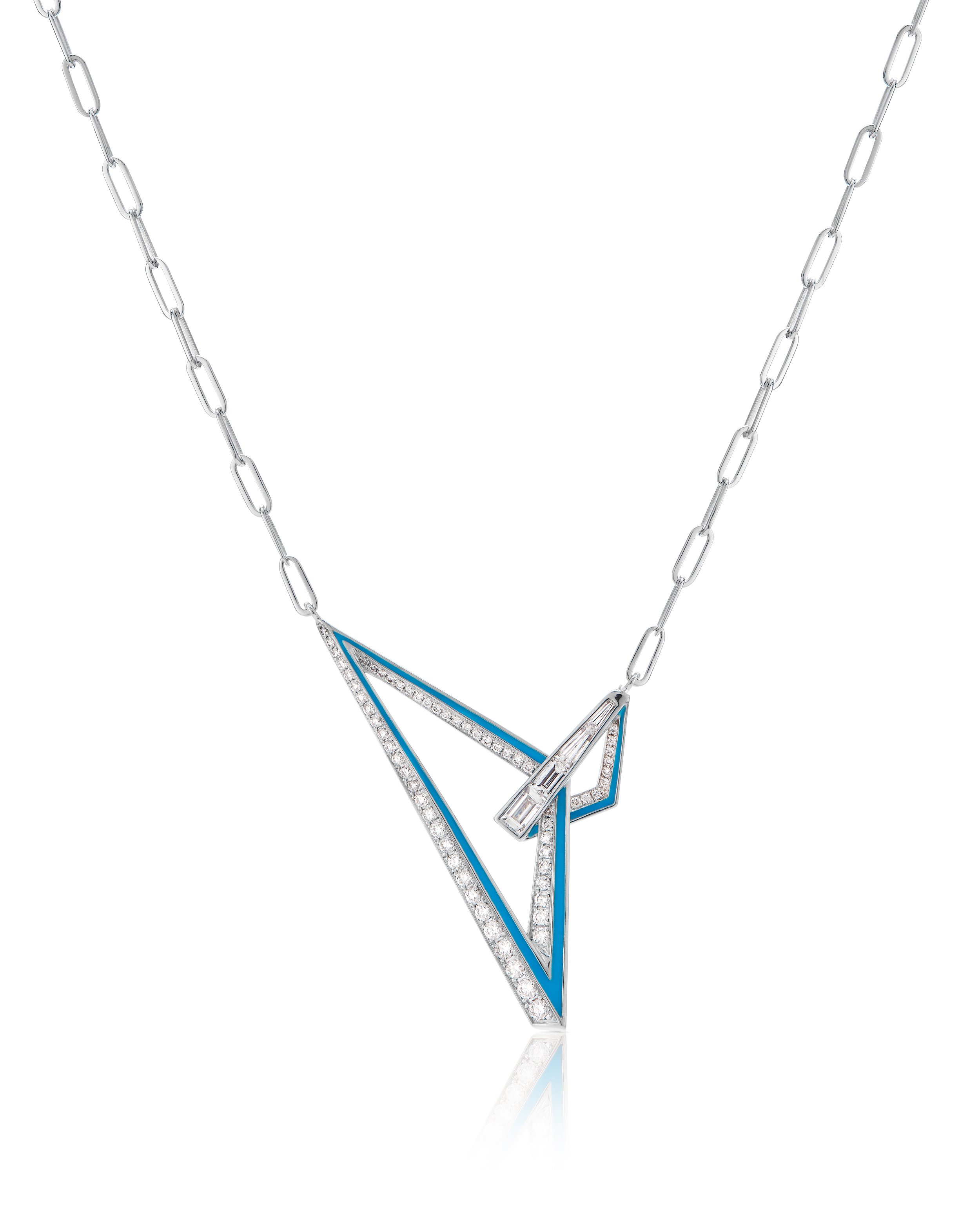 Vertigo Obtuse Necklace with White Diamonds and Light Blue Enamel in 18kt White Gold