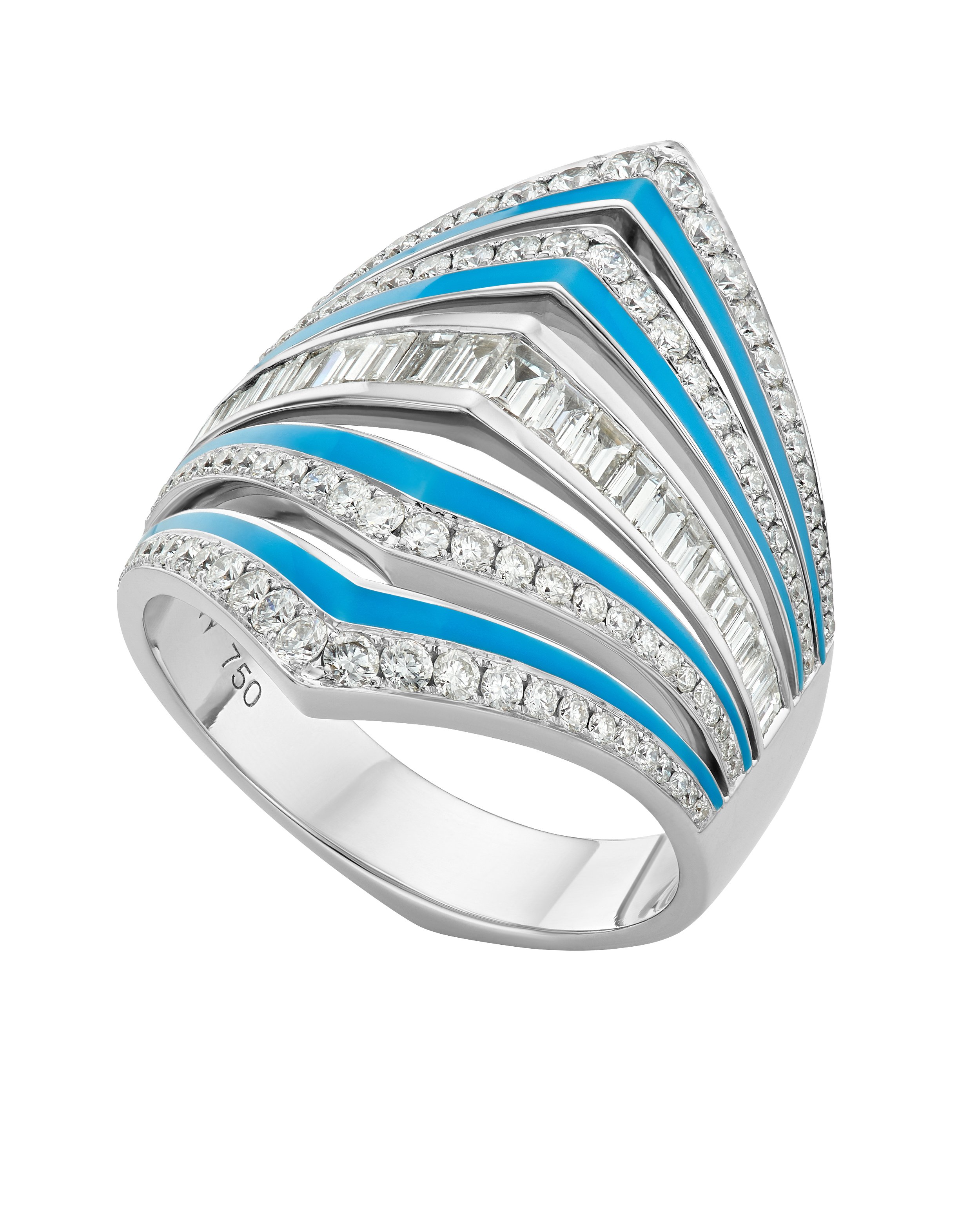 Vertigo Gaining Perspective Ring with White Diamonds and Light Blue Enamel in 18kt White Gold - Size 7
