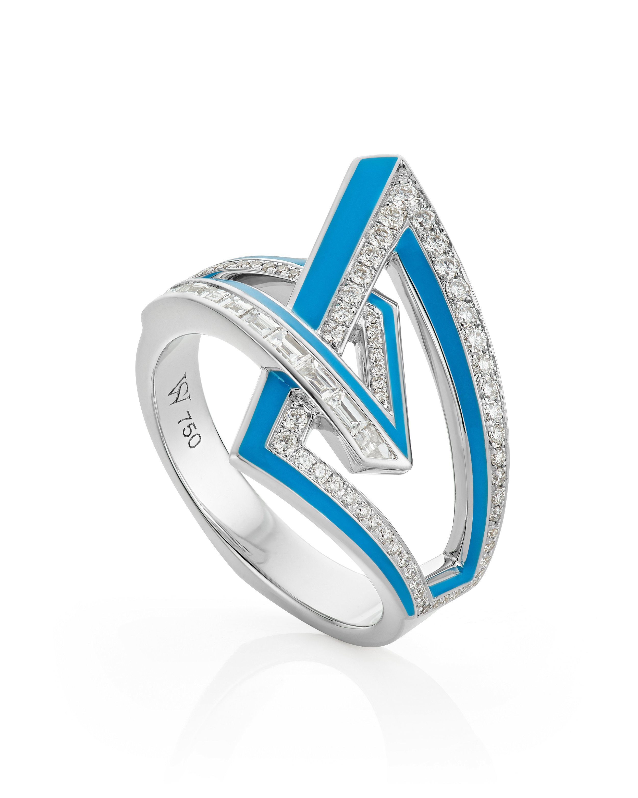 Vertigo Infinity Ring with White Diamonds and Light Blue Enamel in 18kt White Gold - Size 7