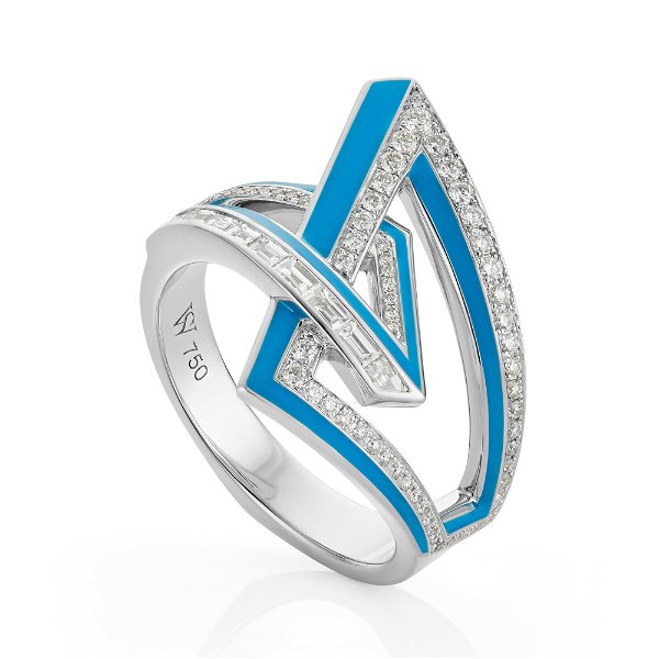 Closeup photo of Vertigo Infinity Ring with White Diamonds and Light Blue Enamel in 18kt White Gold - Size 7