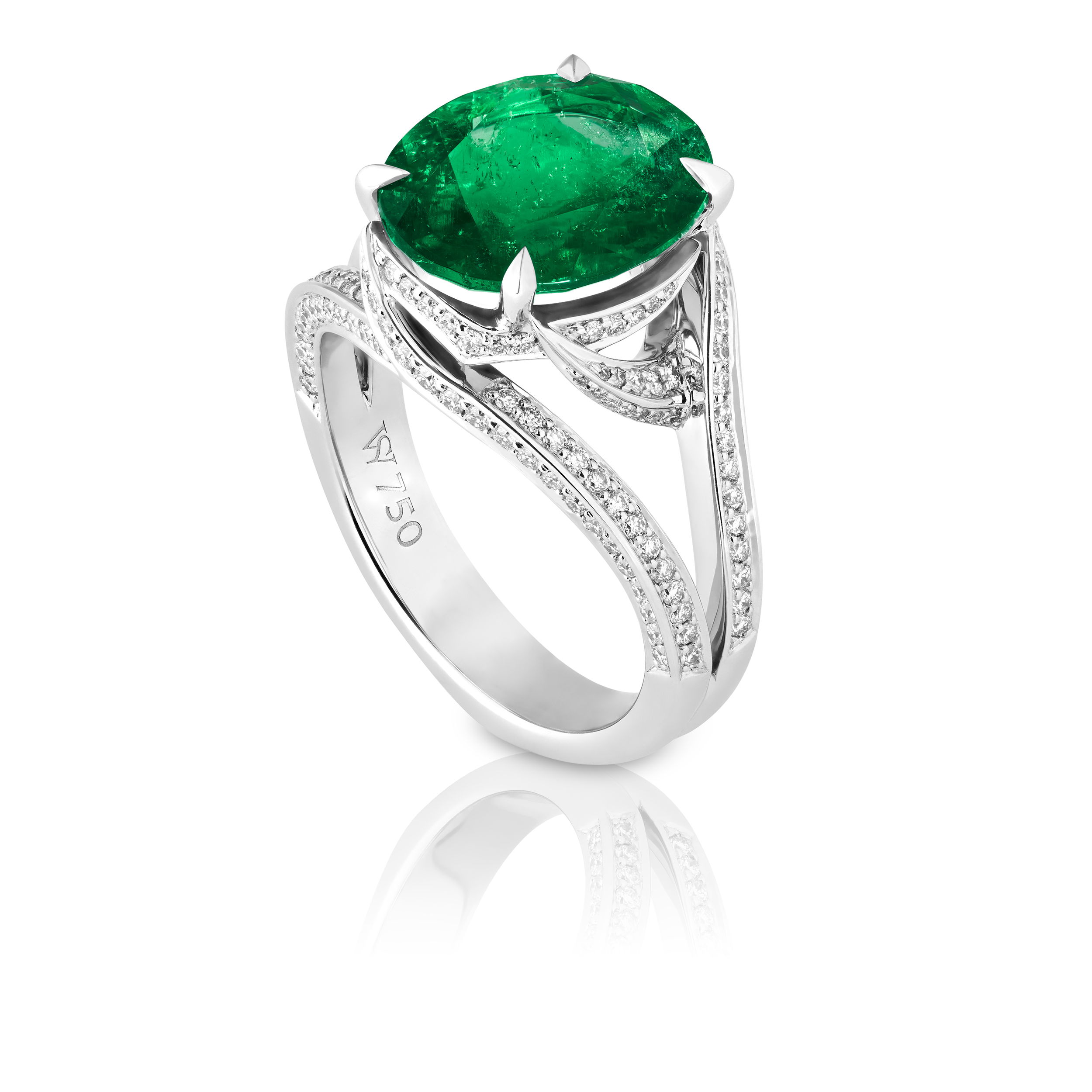 Thorn In My Side Cocktail Ring - 18K white gold, set with white diamond pave .66ct and a centre faceted Muzo oval Emerald 4.78ct. Thorn in My Side Cocktail Ring with Emerald and White Diamonds in 18kt White Gold - Size 7