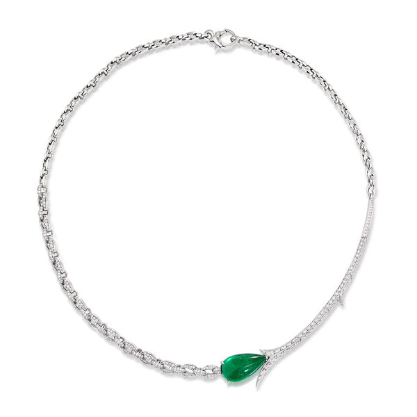 Closeup photo of Thorn Embrace Tear Drop Necklace with Cabochon Muzo Emerald and White Diamonds in 18kt White Gold