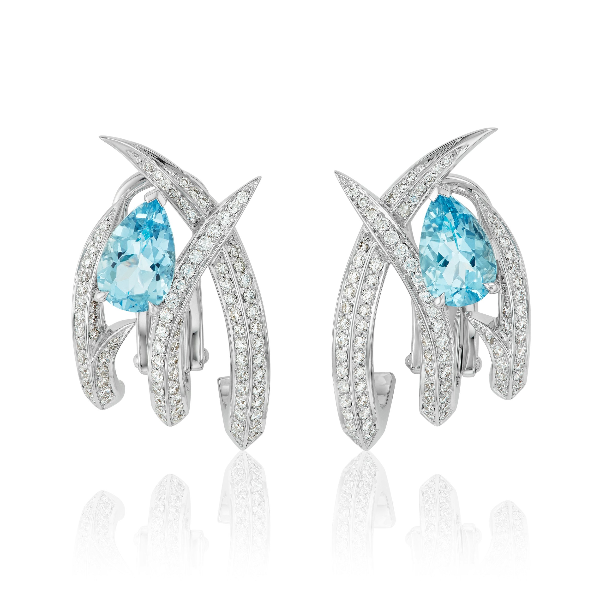 Thorn Embrace Caged Earrings with Aquamarine and White Diamonds in 18kt White Gold