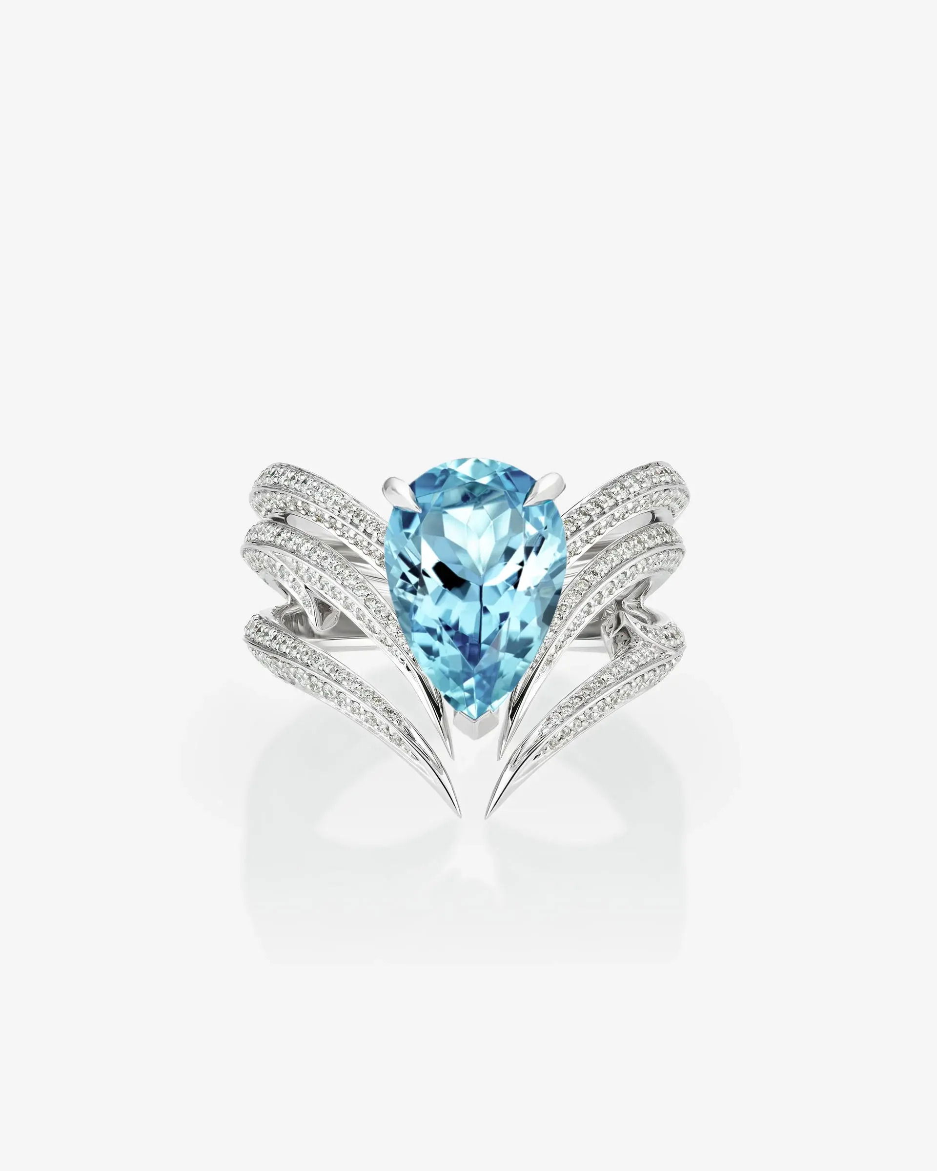 Thorn Embrace Attraction Band Ring - 18ct White Gold (recycled), set with a centre pear cut Aquamarine 3.13ct and White Diamond pav?0.20ct. Thorn Embrace Attraction Inner Band Ring with Aquamarine and White Diamonds in 18kt White Gold - Size 7