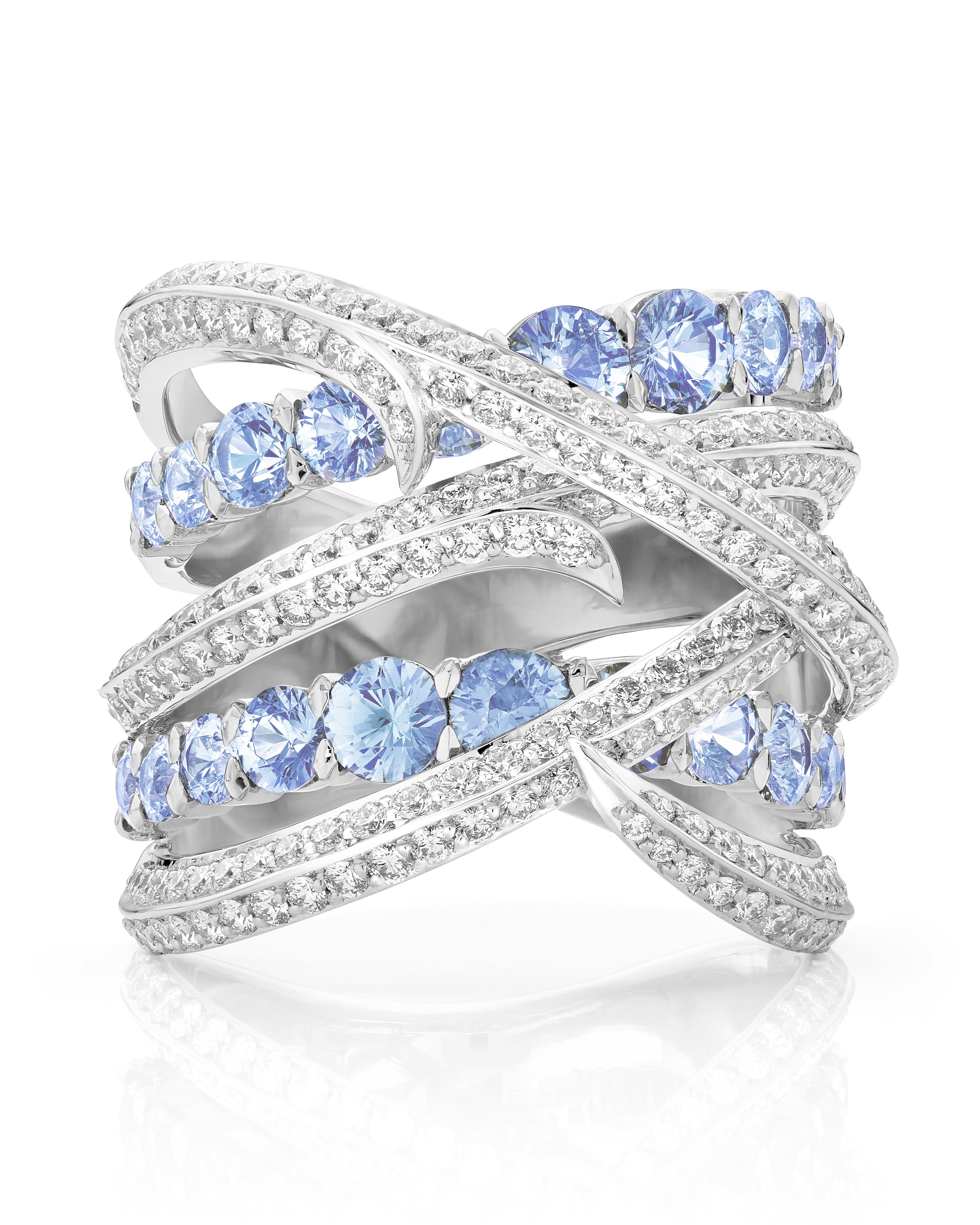 Thorn Embrace Bound Together Gem Band Ring with Light Blue Sapphires and White Diamonds in 18kt White Gold