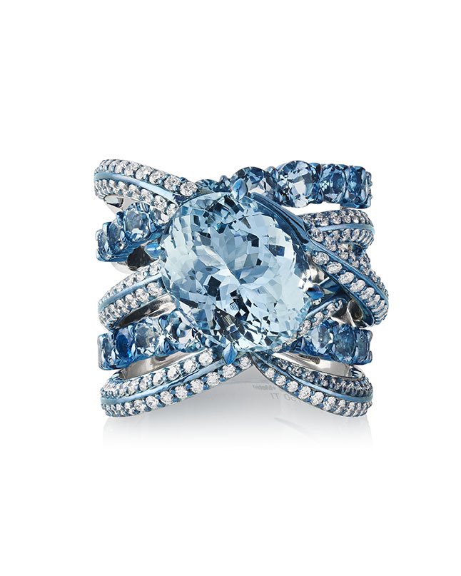 Thorn Embrace Bound Together Cocktail Ring with Aquamarine and White Diamond in Titanium and 18kt White Gold - Size 7