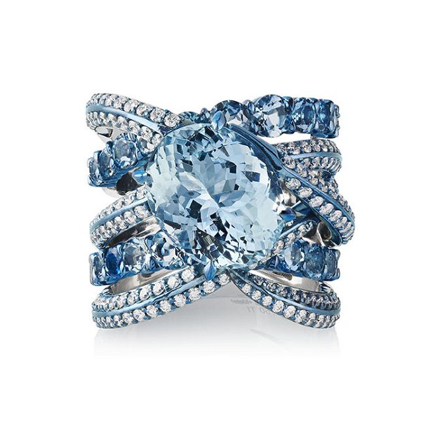 Closeup photo of Thorn Embrace Bound Together Cocktail Ring with Aquamarine and White Diamond in Titanium and 18kt White Gold - Size 7