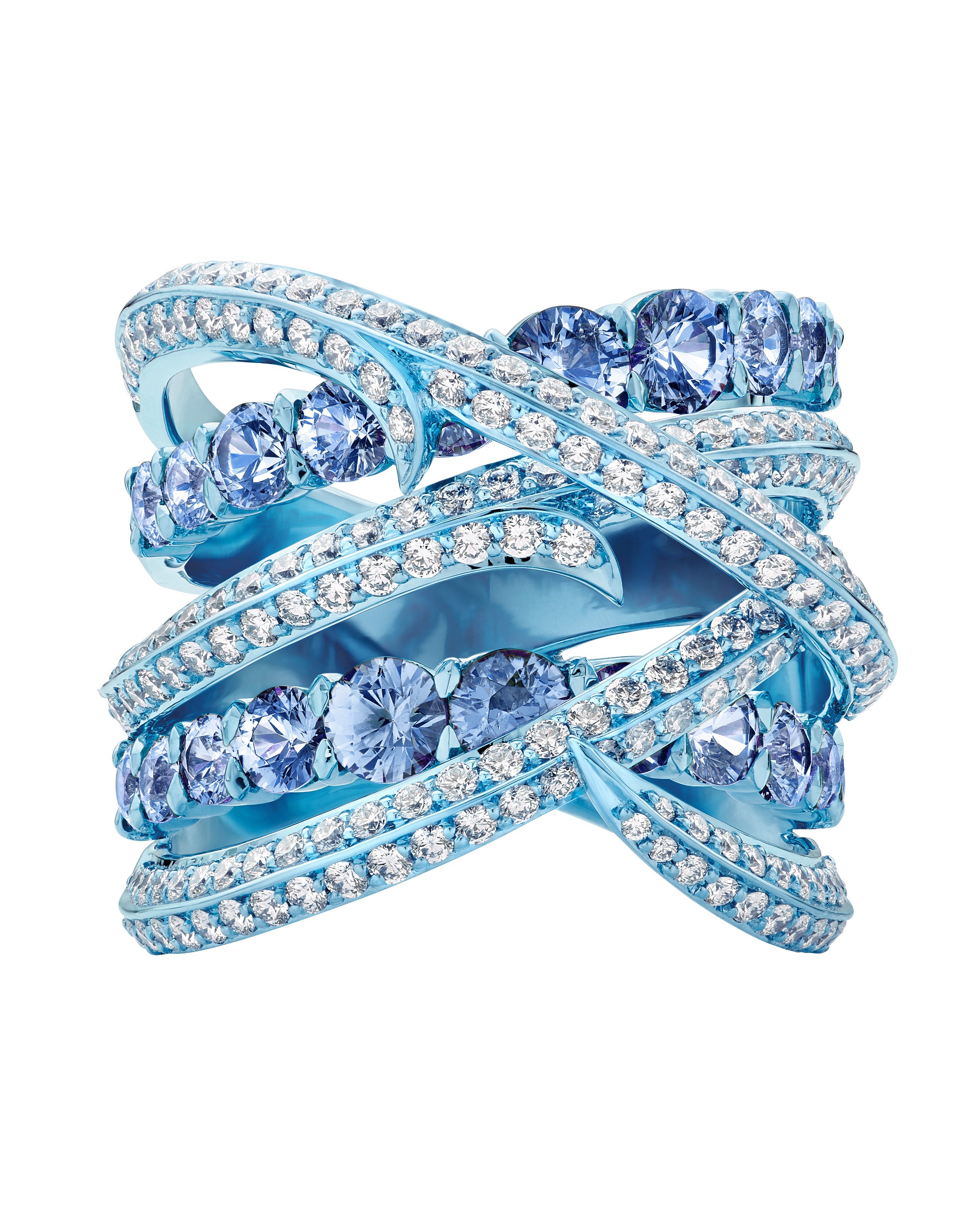 Thorn Embrace Gem Band Ring with Blue Sapphires and White Diamonds in Titanium and 18kt White Gold - Size 6