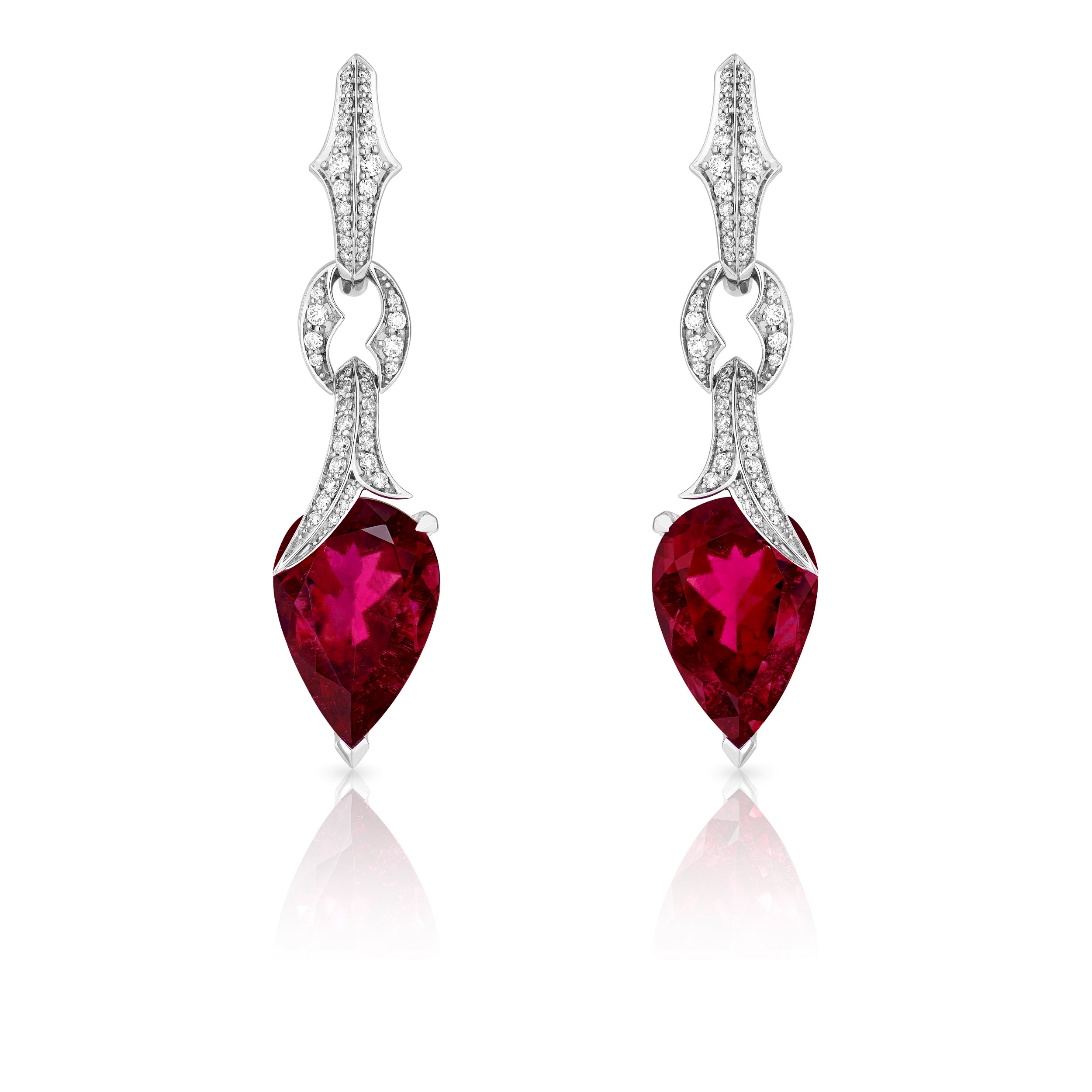 Thorn Embrace Pear Drop Earrings with Rubellite and White Diamonds in 18kt White Gold