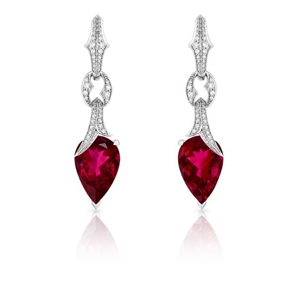 Closeup photo of Thorn Embrace Pear Drop Earrings with Rubellite and White Diamonds in 18kt White Gold