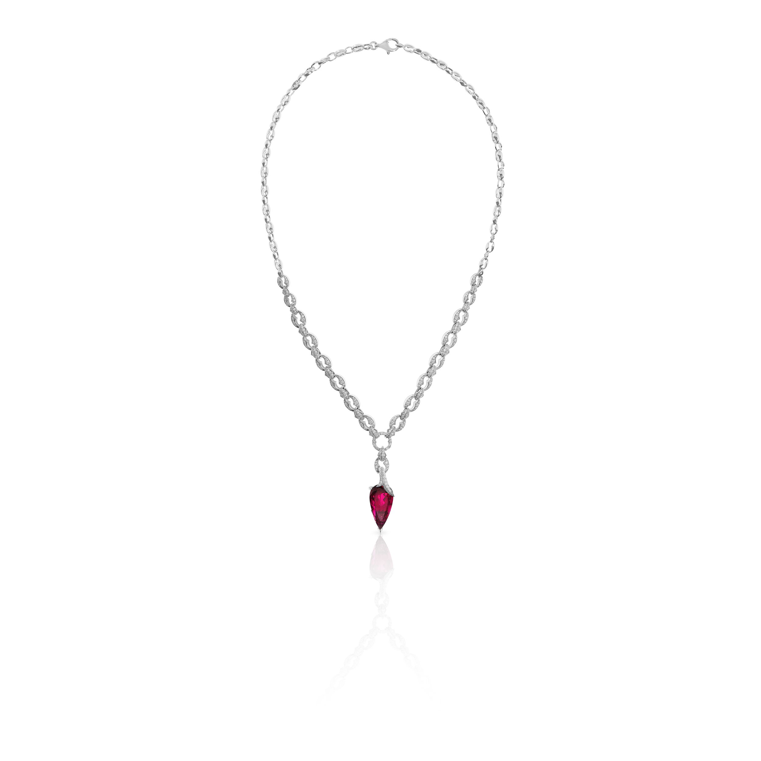 Thorn Embrace Pear Drop Necklace with Rubellite and White Diamonds in 18kt White Gold
