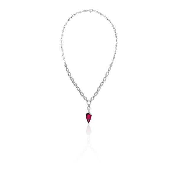 Closeup photo of Thorn Embrace Pear Drop Necklace with Rubellite and White Diamonds in 18kt White Gold