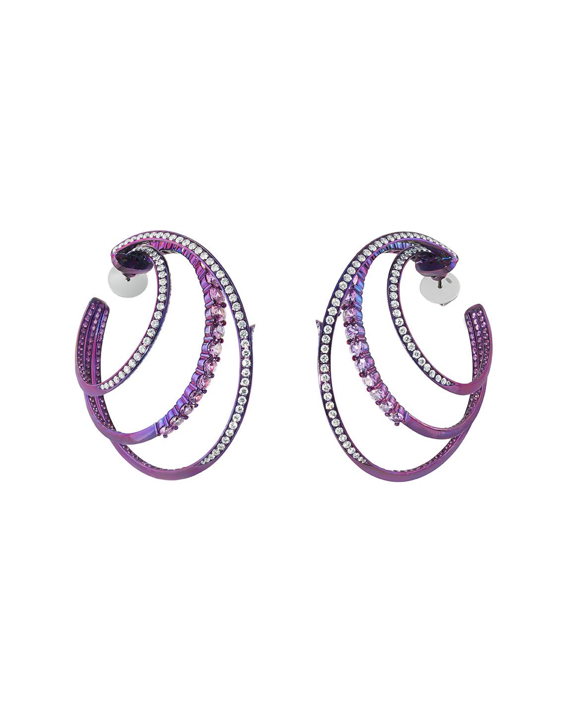 Thorn Embrace Unraveled Hoop Earrings with Light Pink Sapphires and White Diamonds in Pink Titanium