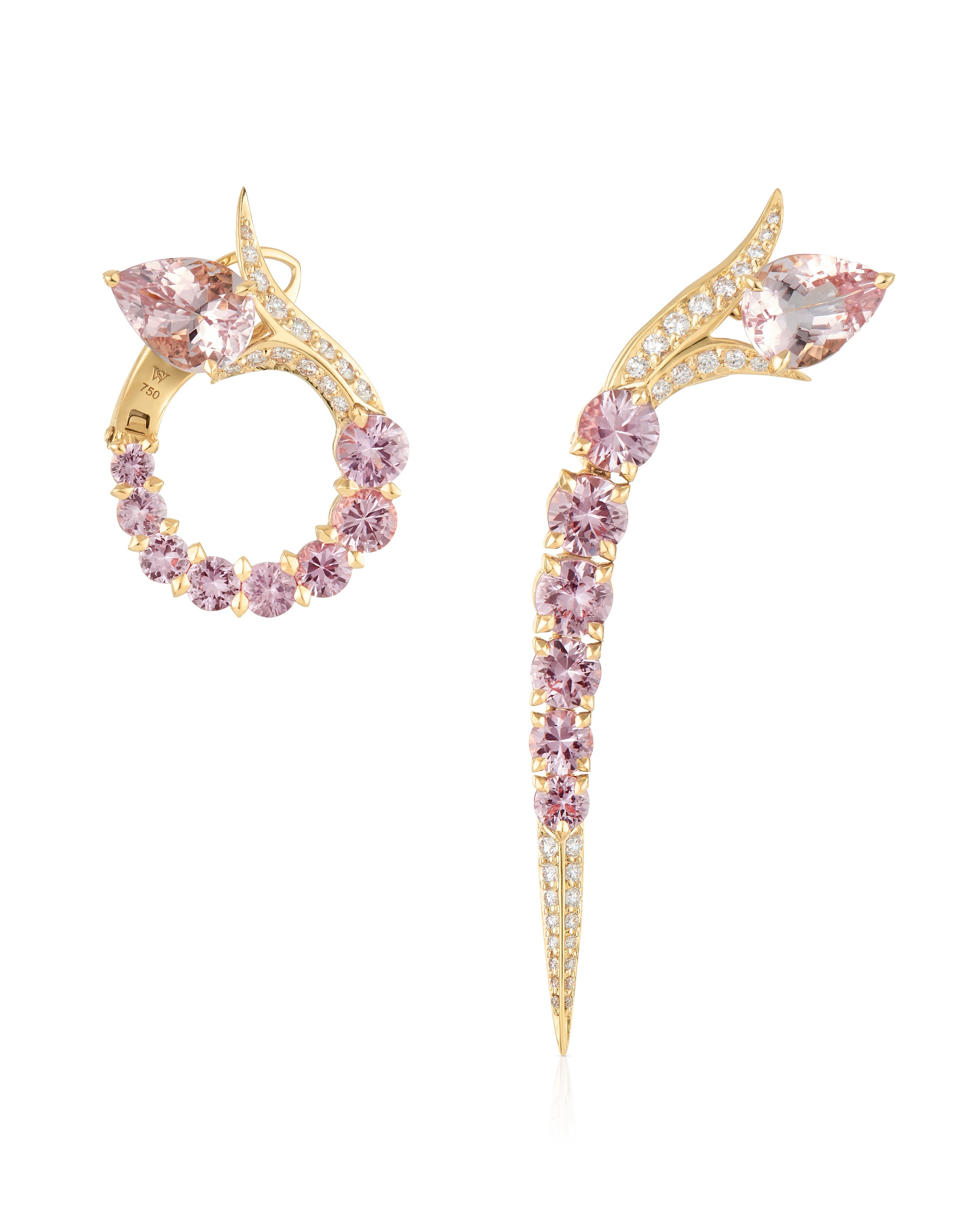 Thorn Embrace Unfurled 2-Way Hoop Earrings with Morganite, Pink Sapphire and White Diamonds in 18kt Yellow Gold