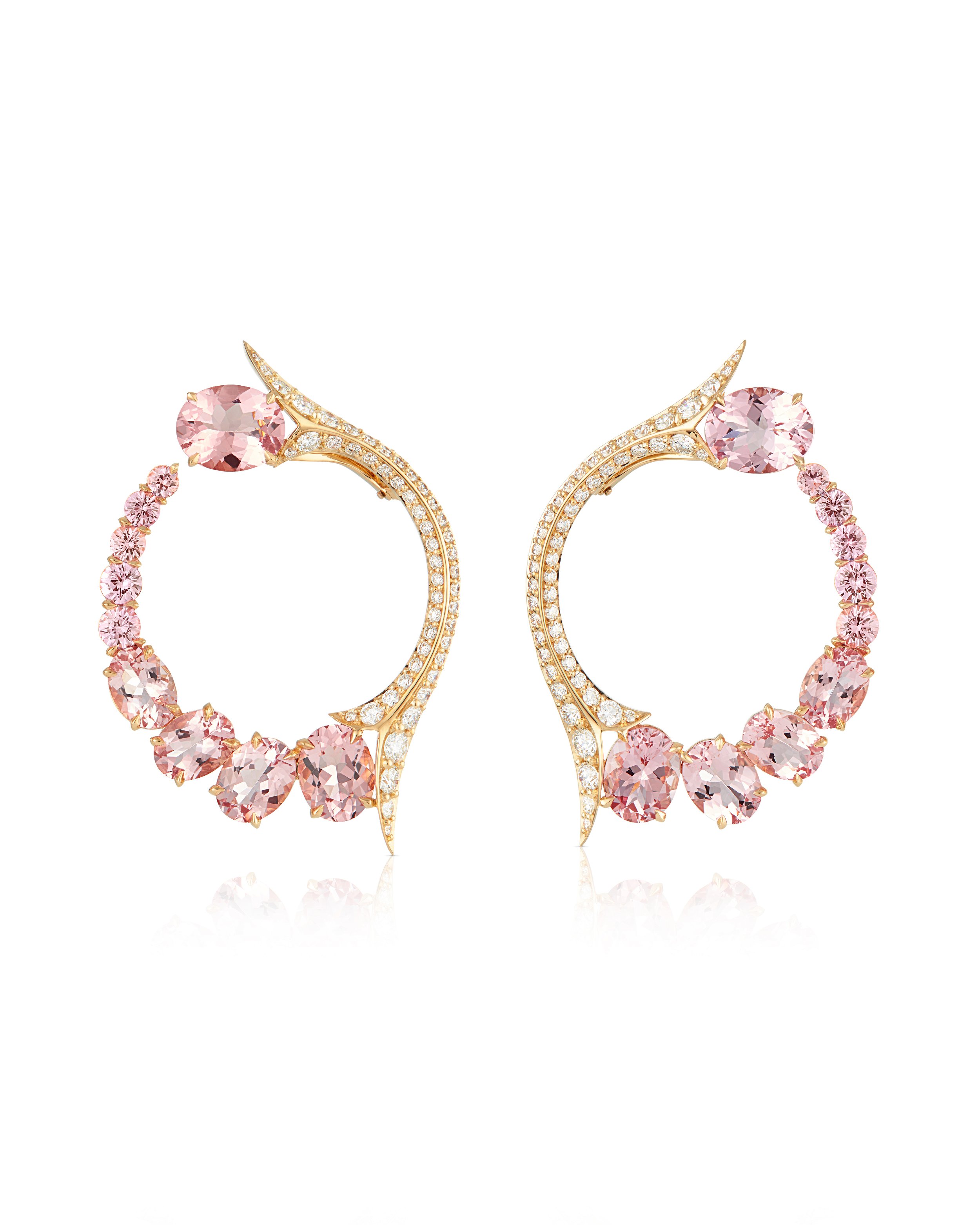 Thorn Embrace Forbidden Fruit Hoop Earrings with Morganite, Pink Sapphire and White Diamonds in 18kt Yellow Gold