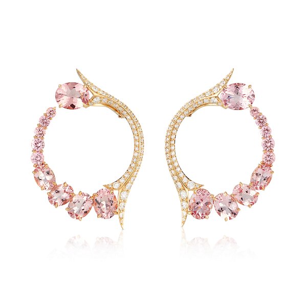 Closeup photo of Thorn Embrace Forbidden Fruit Hoop Earrings with Morganite, Pink Sapphire and White Diamonds in 18kt Yellow Gold