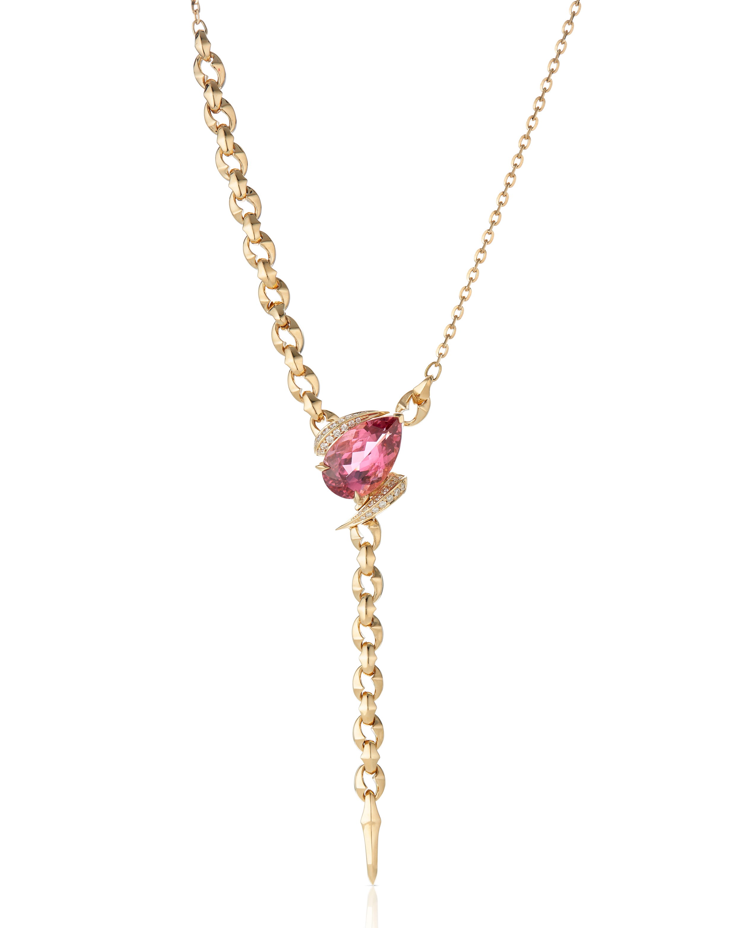 Thorn Embrace Entwined Lariat Necklace with Pink Tourmaline and White Diamonds in 18kt Yellow Gold