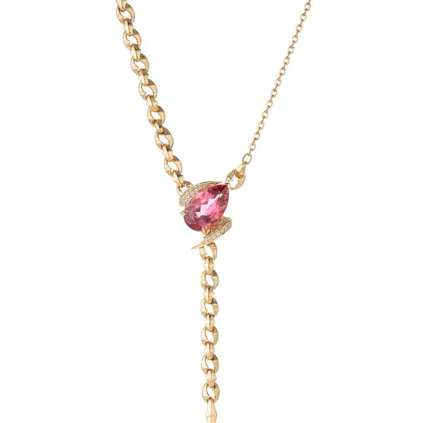 Closeup photo of Thorn Embrace Entwined Lariat Necklace with Pink Tourmaline and White Diamonds in 18kt Yellow Gold