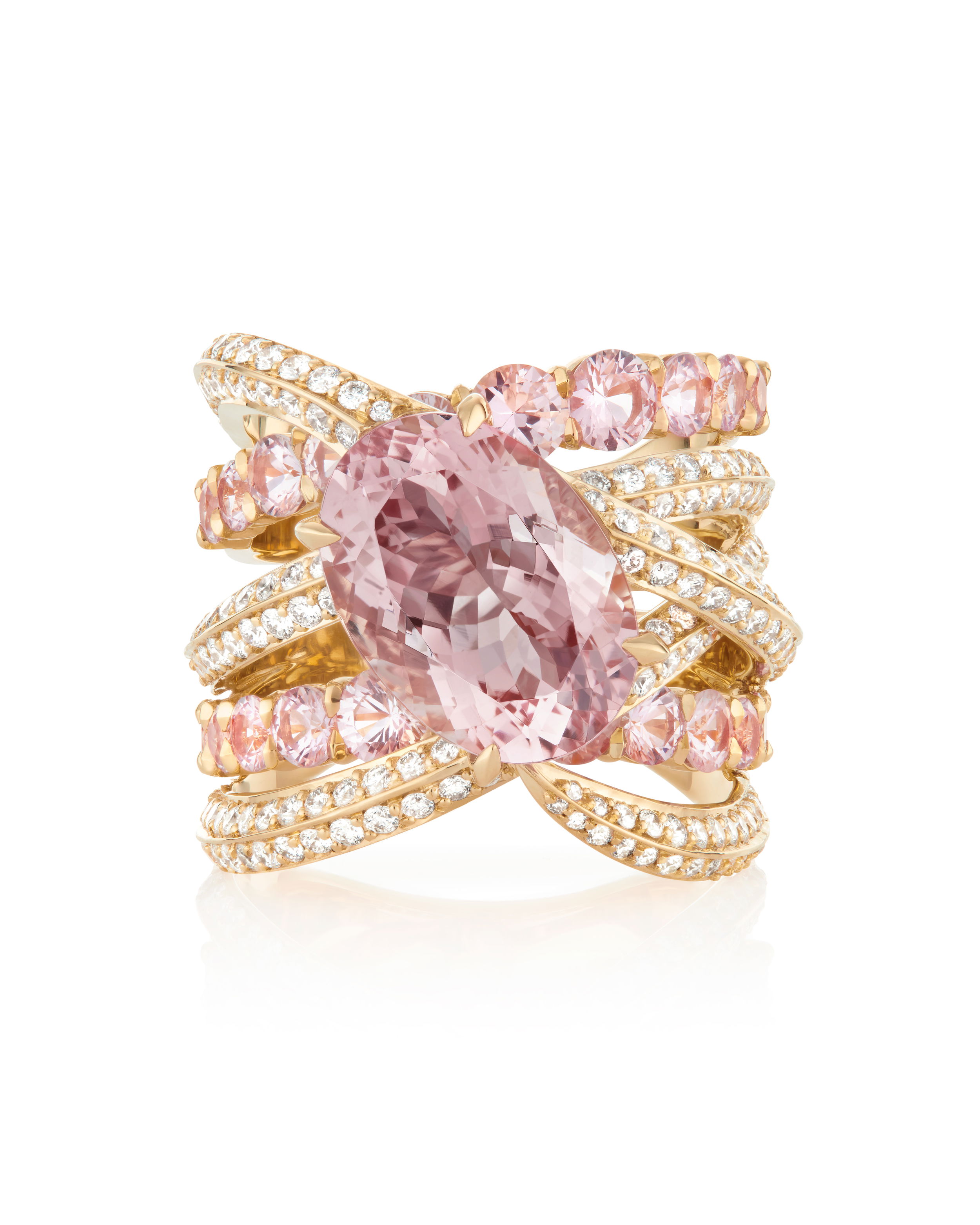 Thorn Embrace Bound Together Cocktail Ring - 18K Yellow gold, ring set with white diamond pave 1.40cts, light pink sapphire rounds 3.19ct and a centre oval Morganite (xxcts). Thorn Embrace Bound Together Cocktail Ring with Morganite, Pink Sapphire and White Diamonds in 18kt Yellow Gold - Size 7