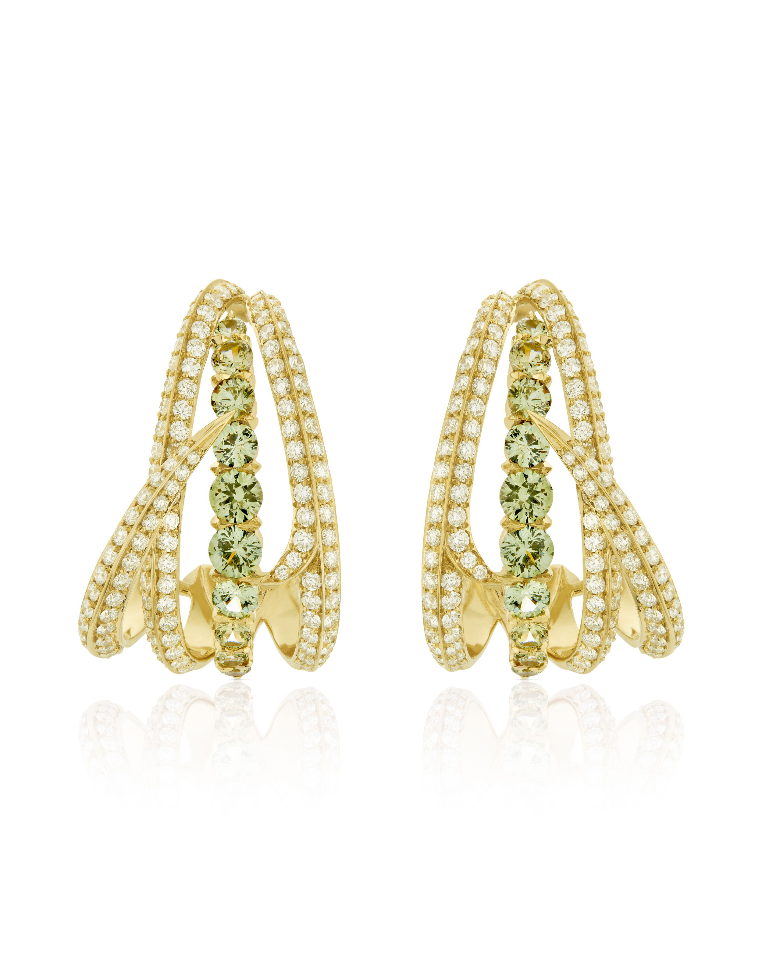 Thorn Embrace Bound Together Gem Cuff Earrings with Mint Demantoid Garnet and White Diamonds in 18kt Yellow Gold